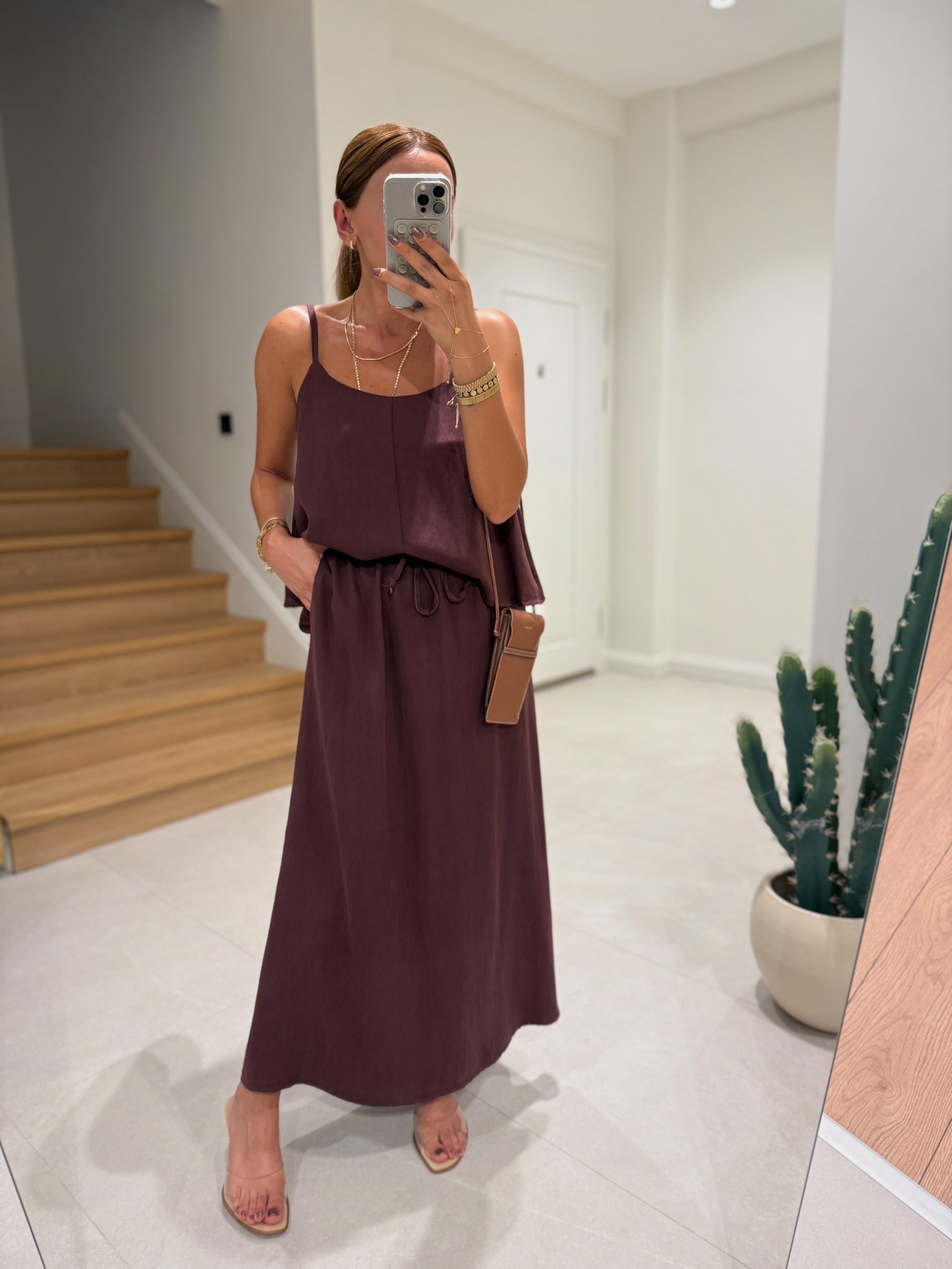 51165 Askılı Bordo Bluz Etek Takım