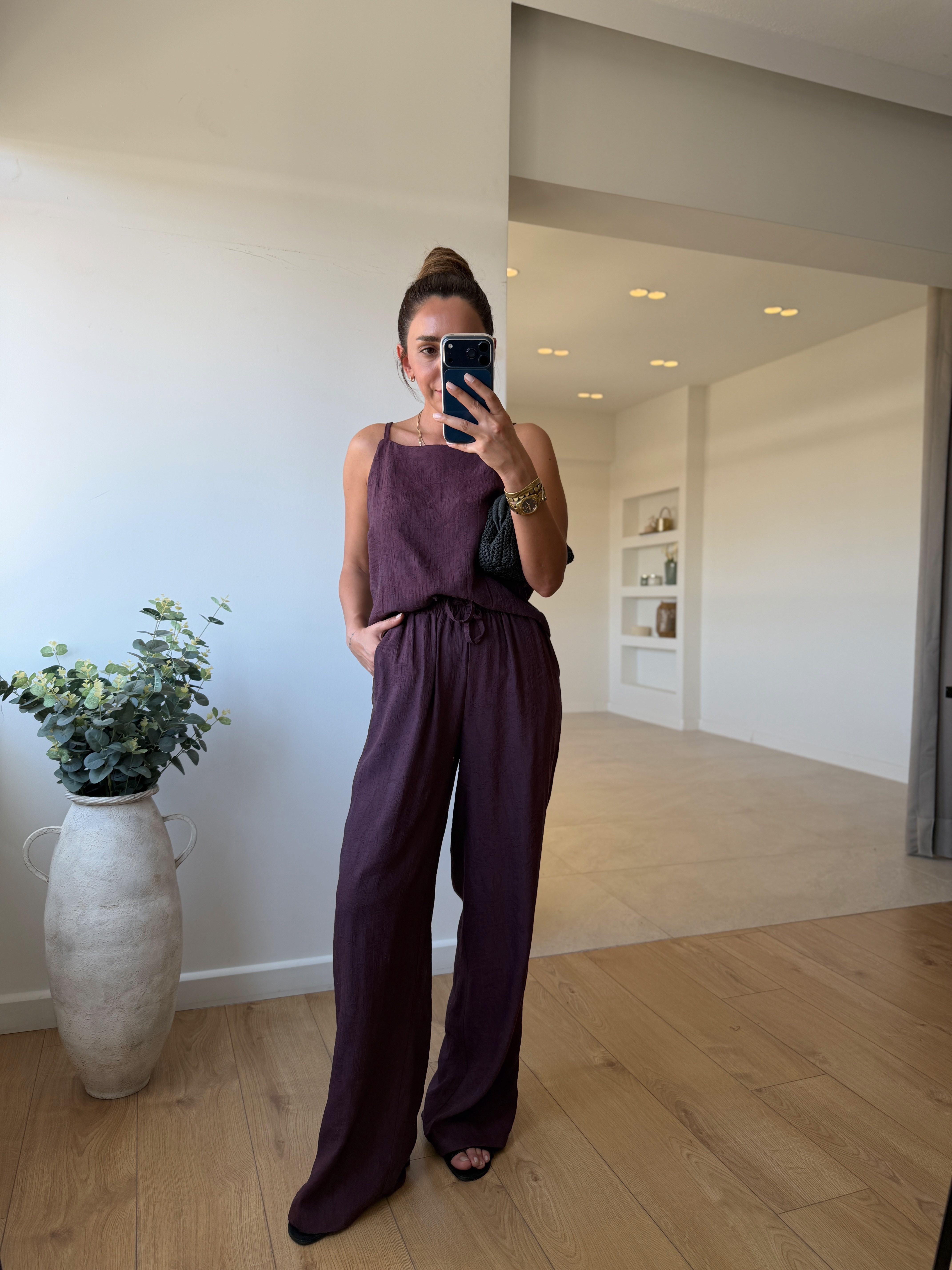 7341 Bordo Jakarlı Bluz Pantolon Takım