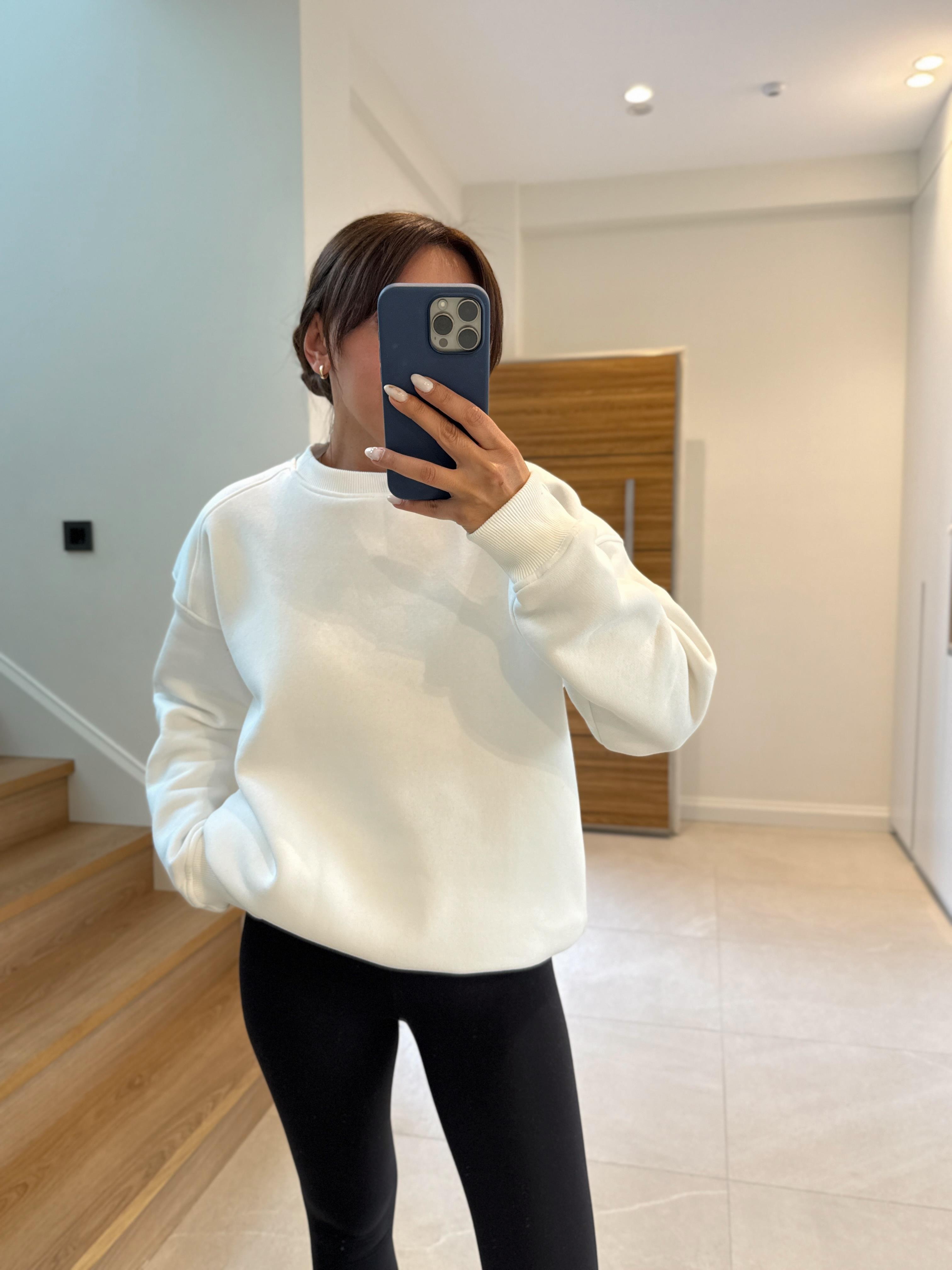 7912 Dream Bisiklet Yaka Basic Beyaz Sweatshirt