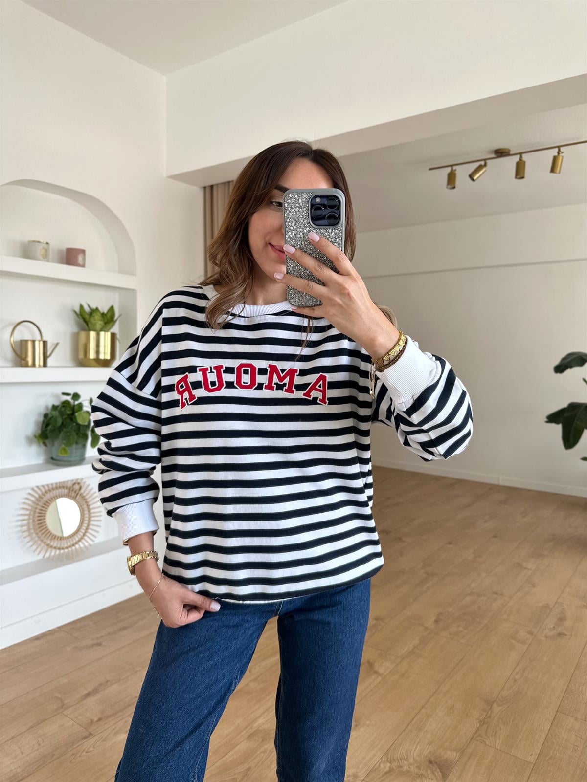 AMOUR KOYU LACİVERT ÇİZGİLİ PAMUKLU SWEAT