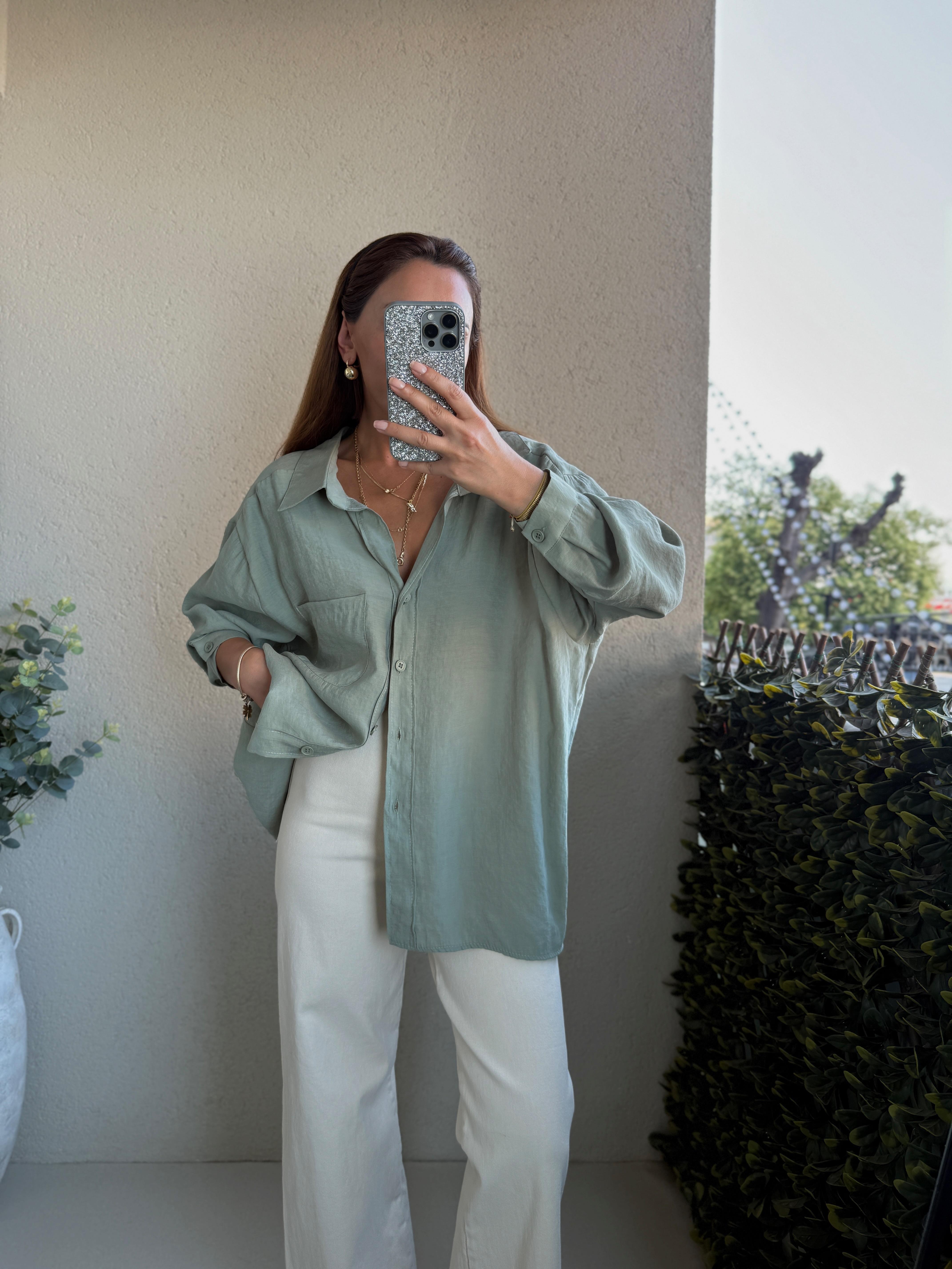 Amy Çağla Yeşili Tensel Oversize Gömlek