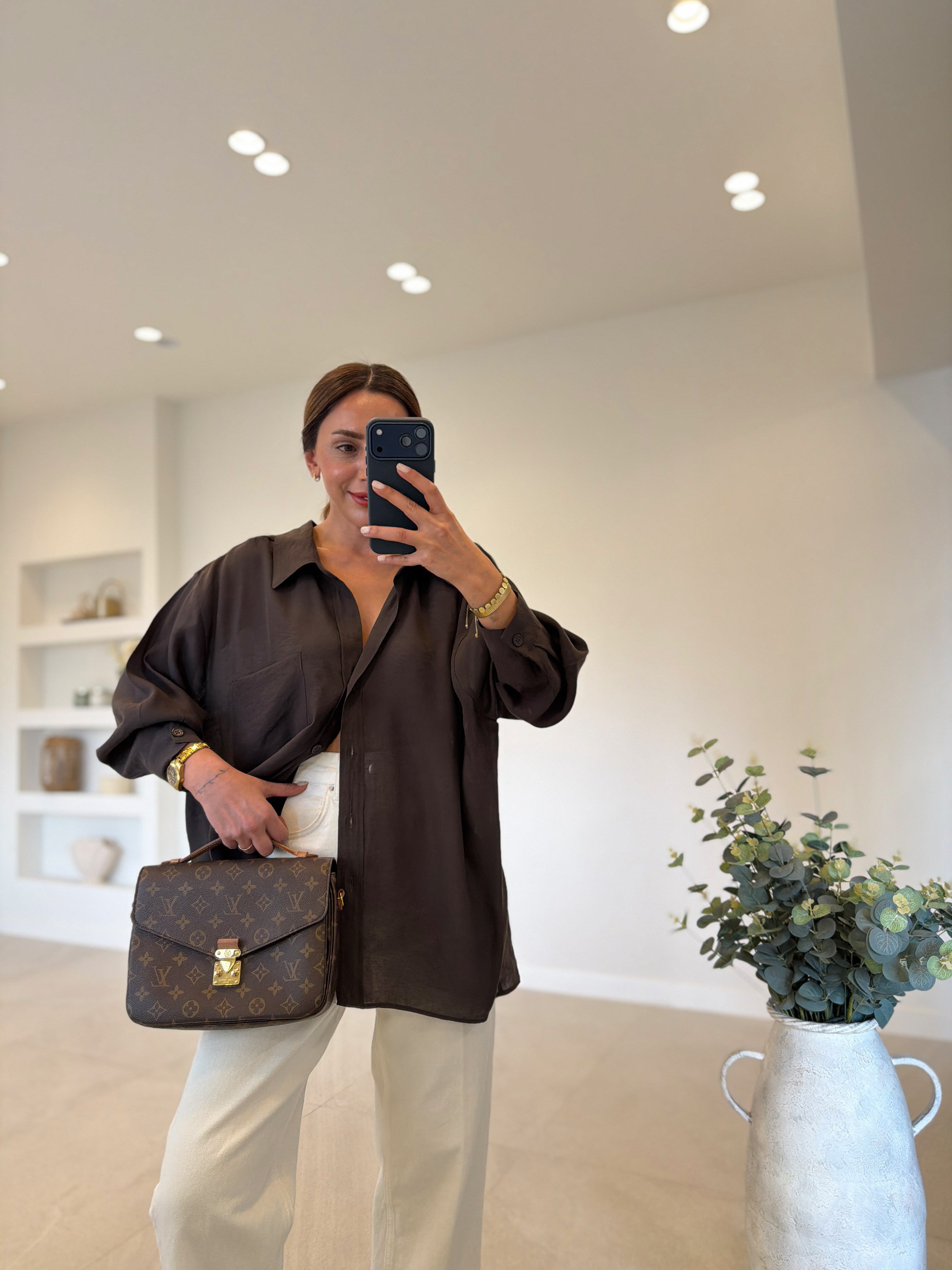 Amy Koyu Kahve Tensel Oversize Gömlek