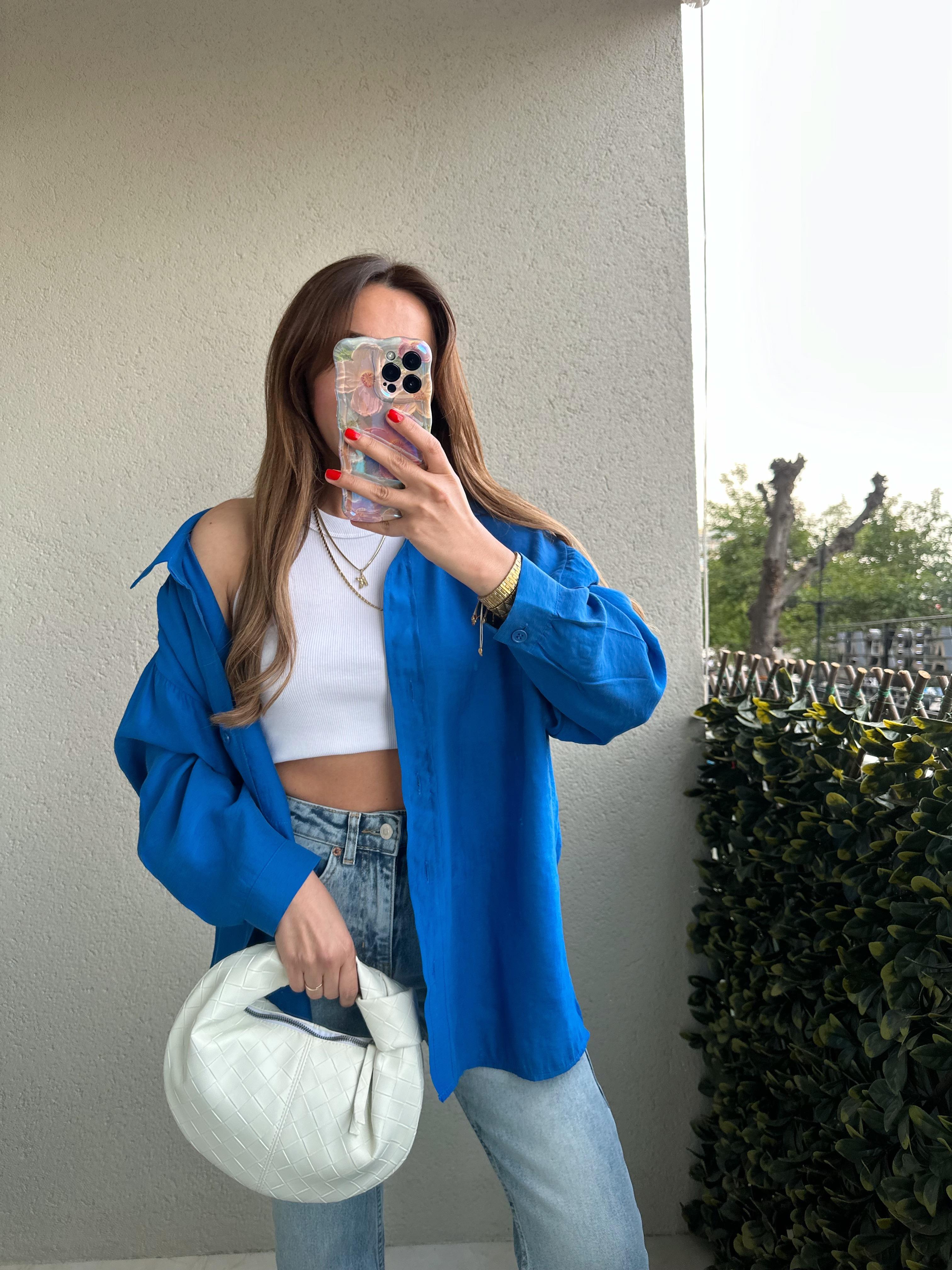 AMY SAKS MAVİ TENSEL OVERSİZE GÖMLEK