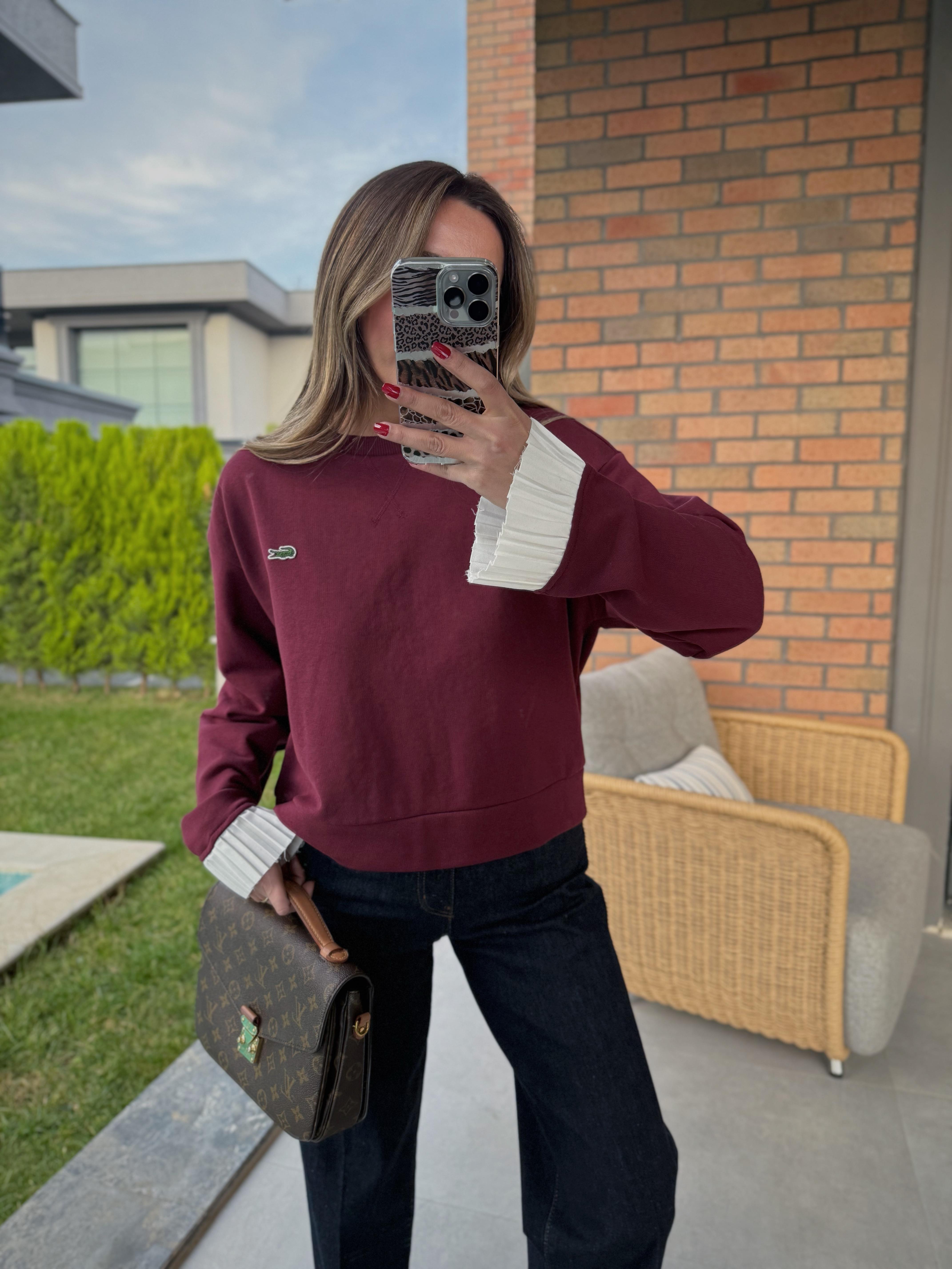 Anna Muadil Kolları Pileli Bordo Sweatshirt 