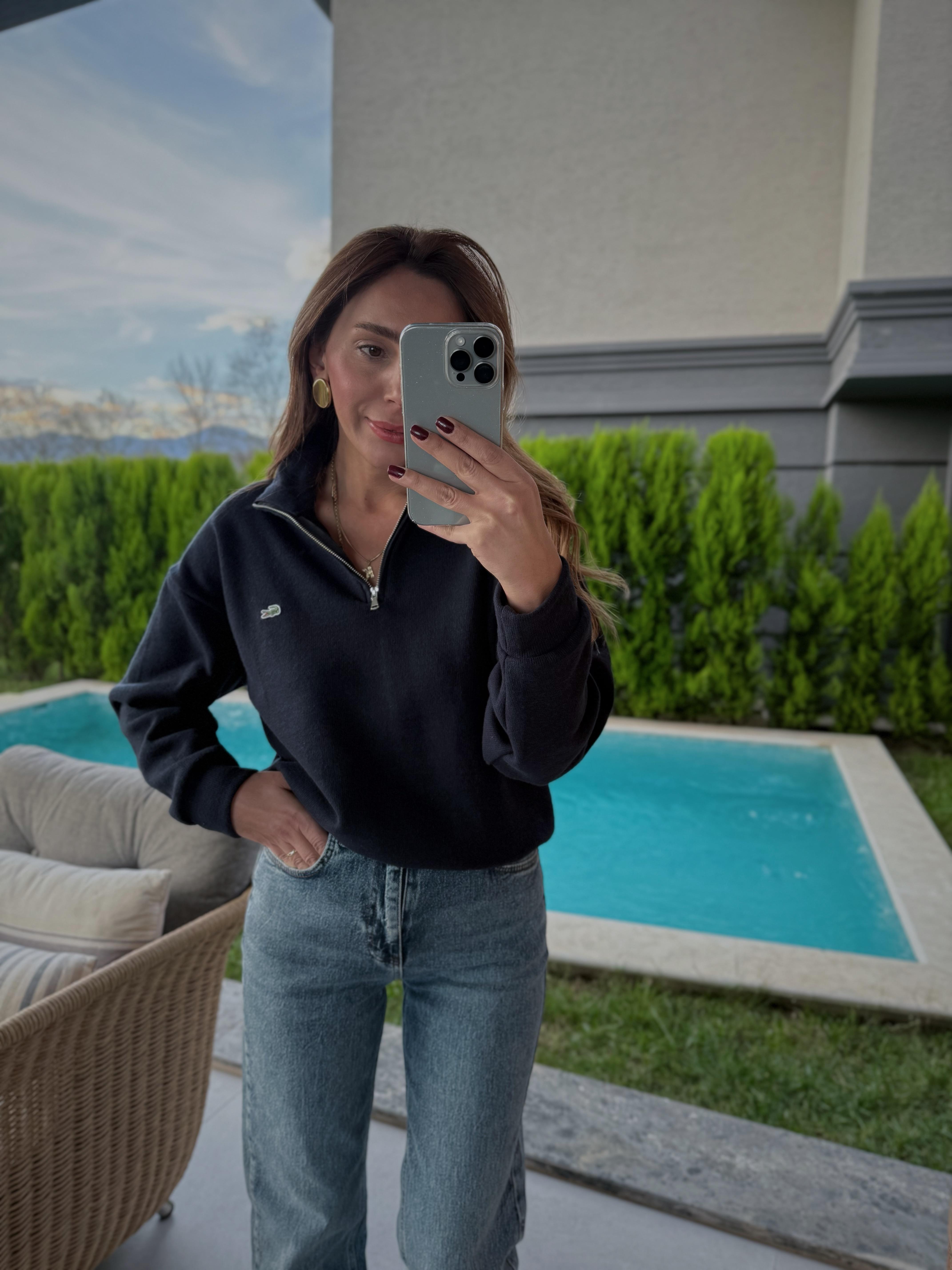 Anna Muadil Lacivert Dik Yaka Fermuarlı Sweatshirt