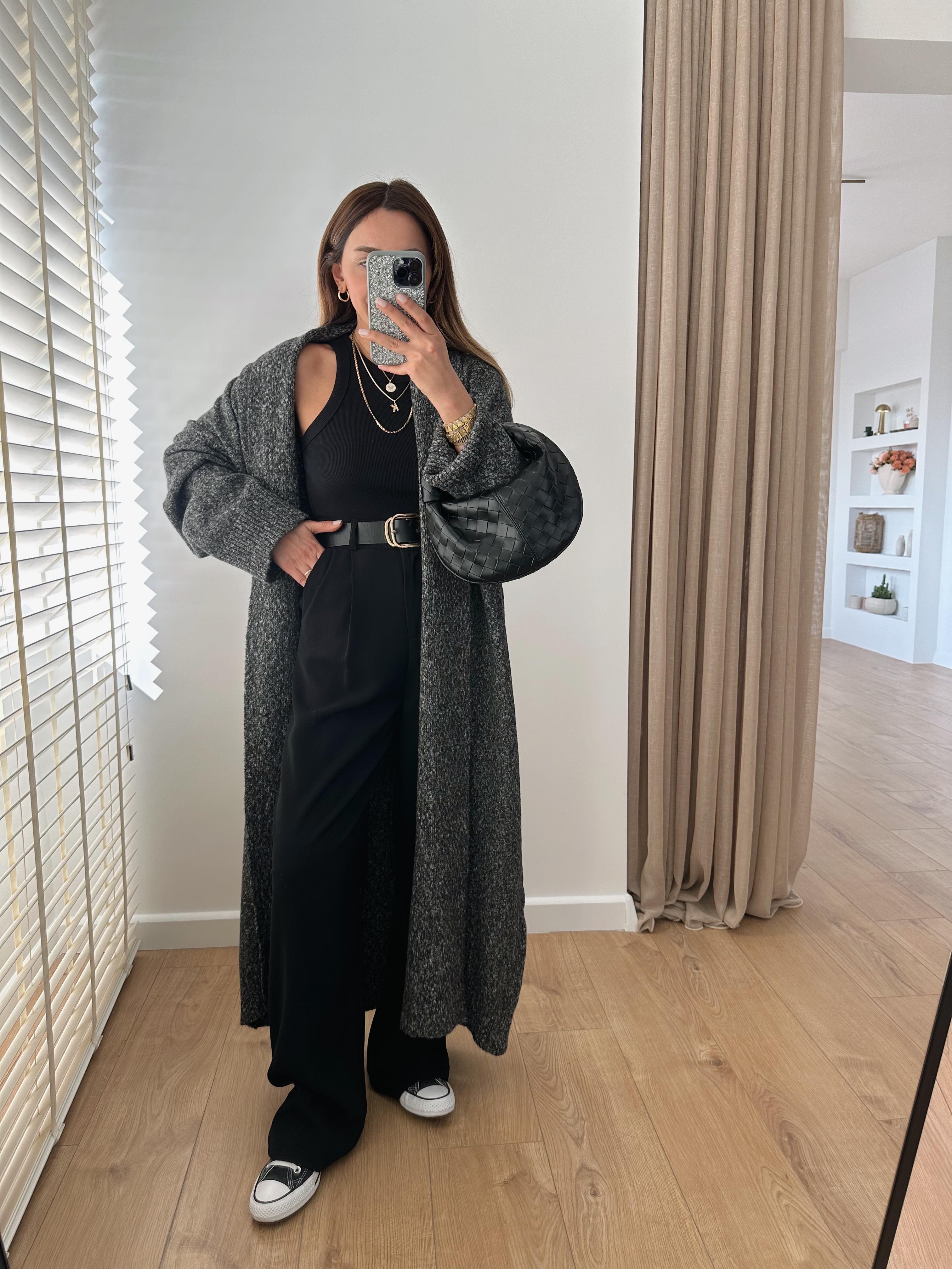 ANTRASİT KIRÇILLI ŞAL YAKA OVERSIZE UZUN HIRKA