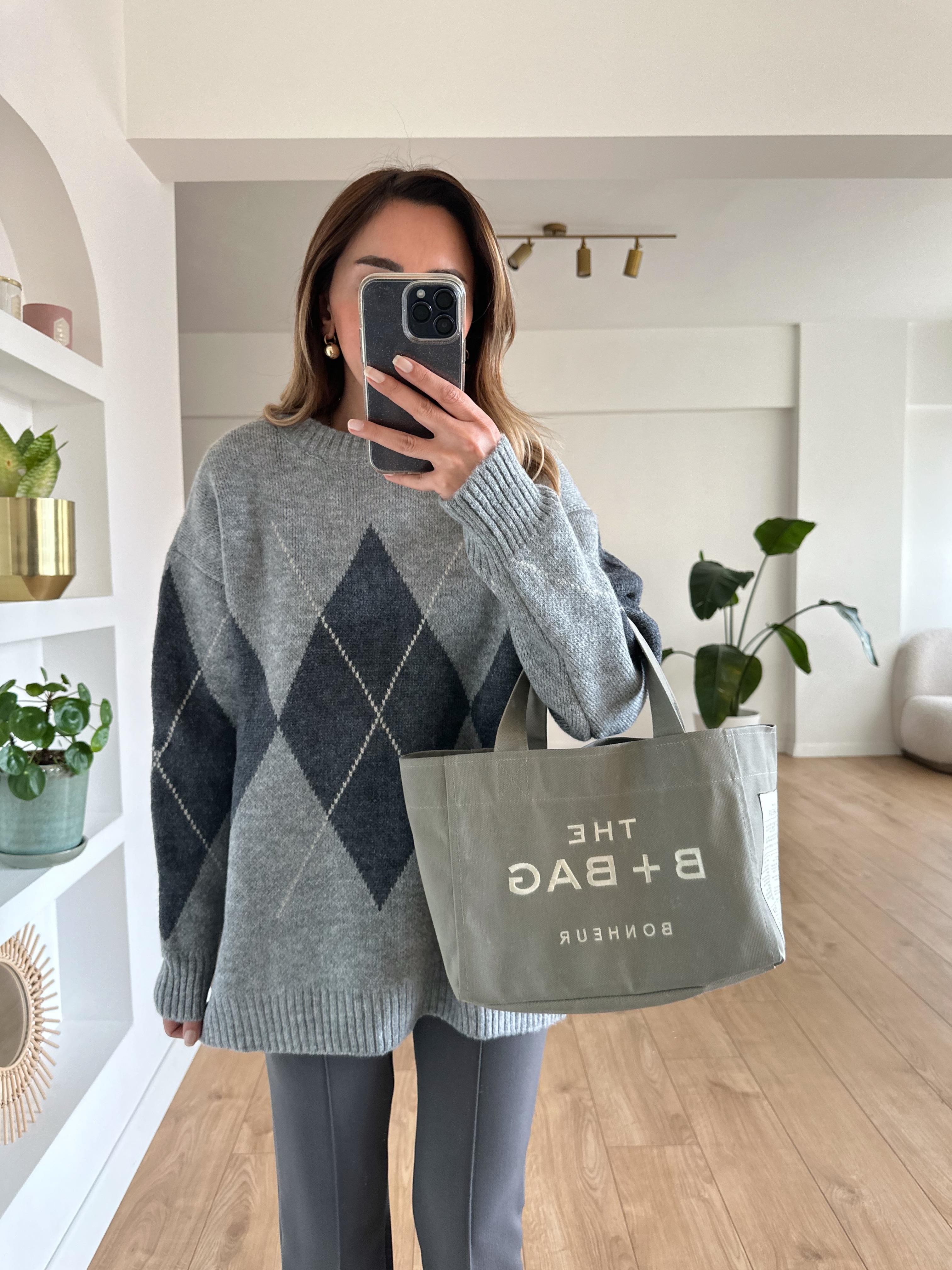 BAKLAVA DESENLİ GRİ OVERSIZE KALIN  KAZAK