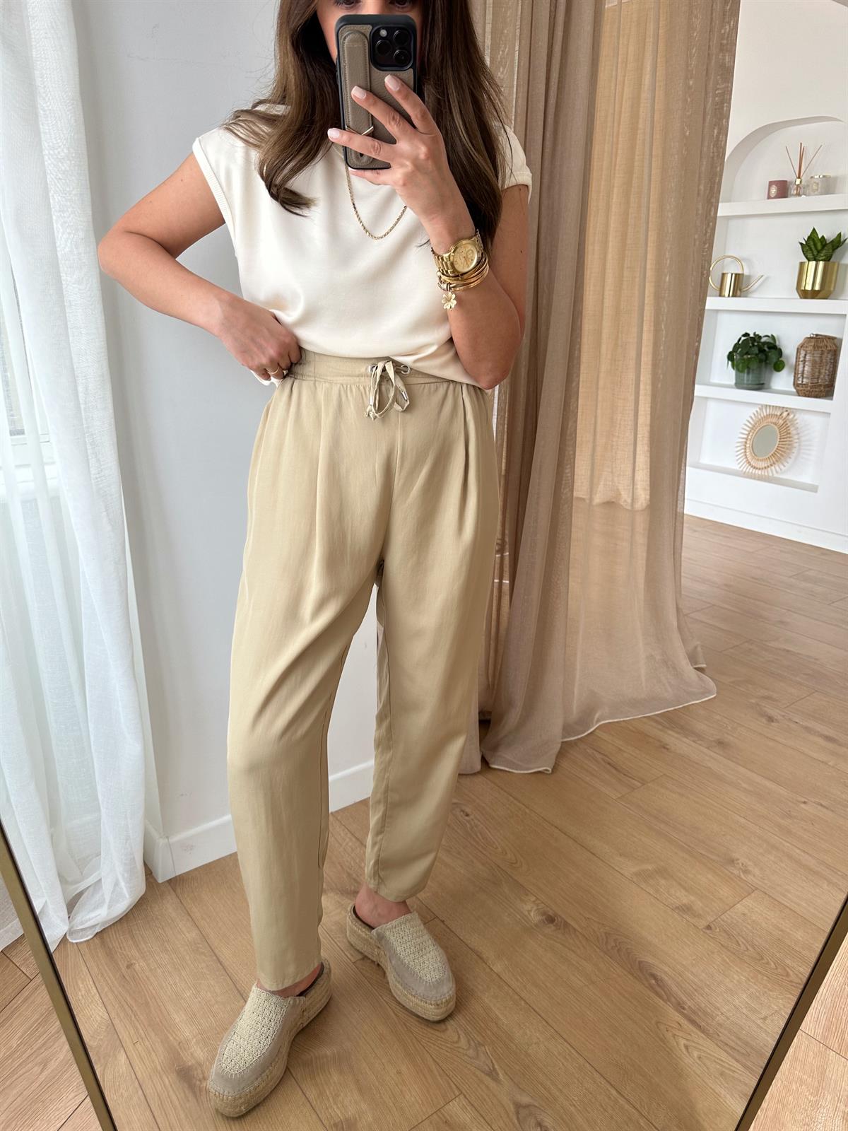 BEJ BELİ LASTİKLİ TENSEL PANTOLON