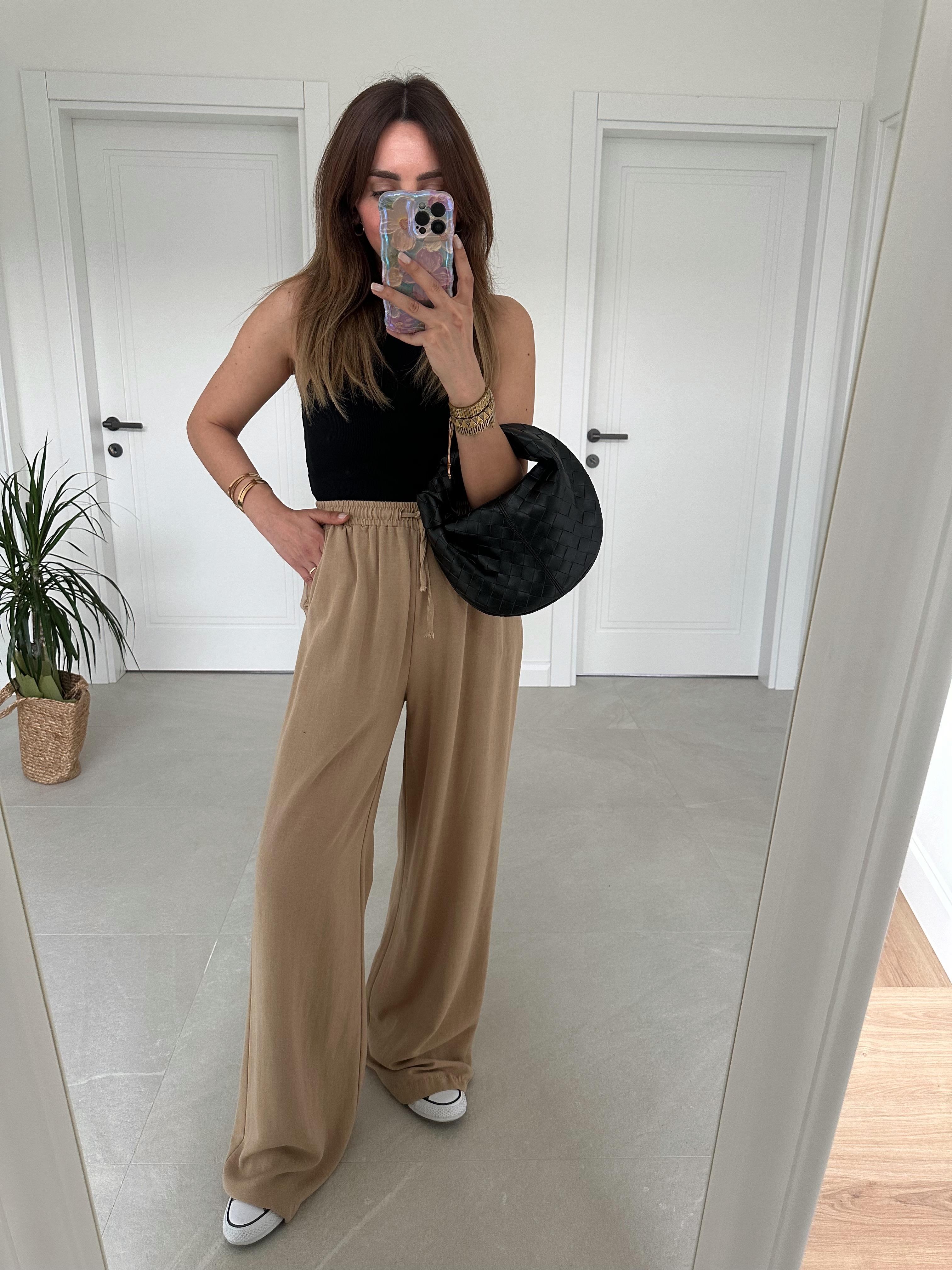 BELİ LASTİKLİ KETEN DOKULU CAMEL PALAZZO PANTOLON