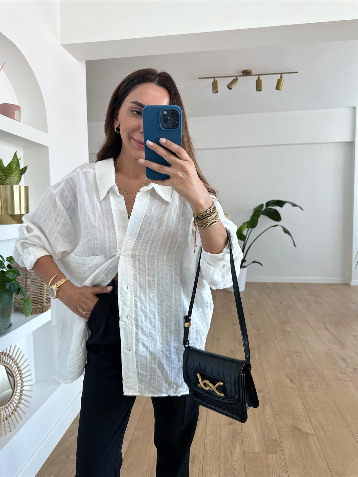 BEYAZ ÇİZGİLİ TENSEL OVERSIZE GÖMLEK