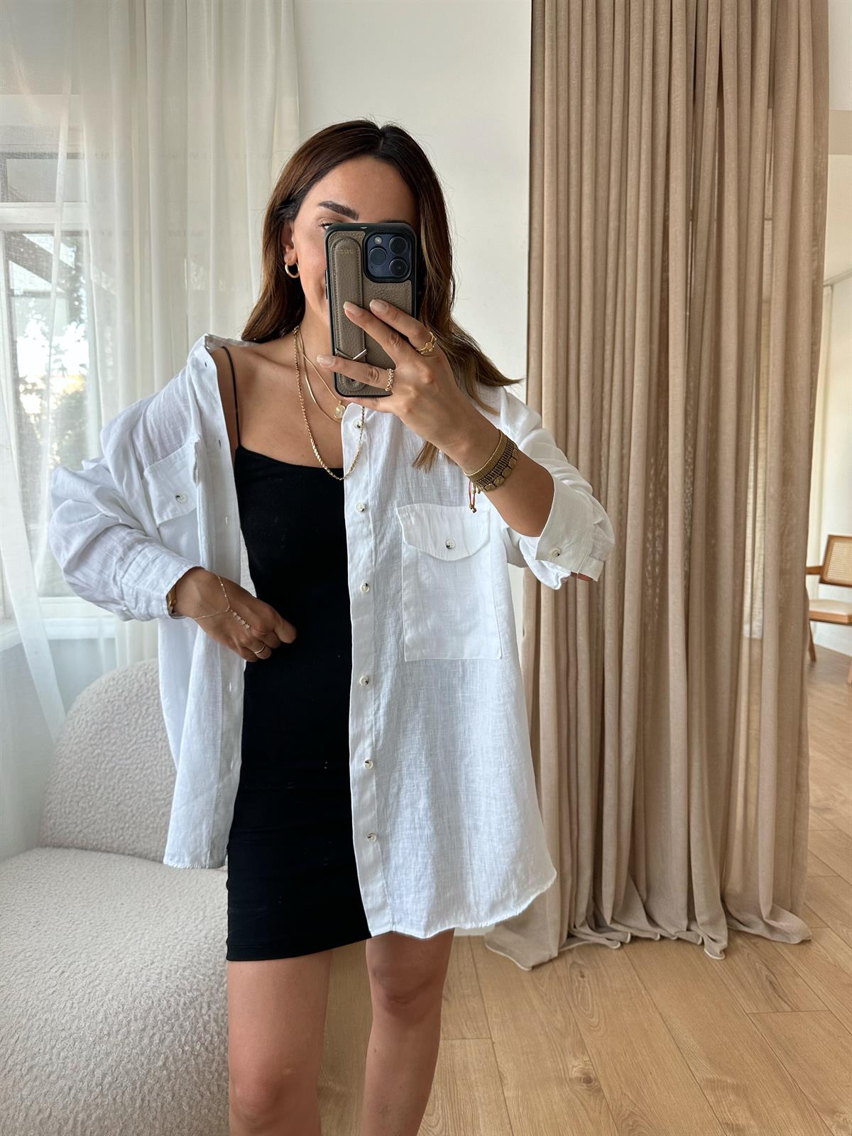 BEYAZ HAM KETEN OVERSIZE GÖMLEK