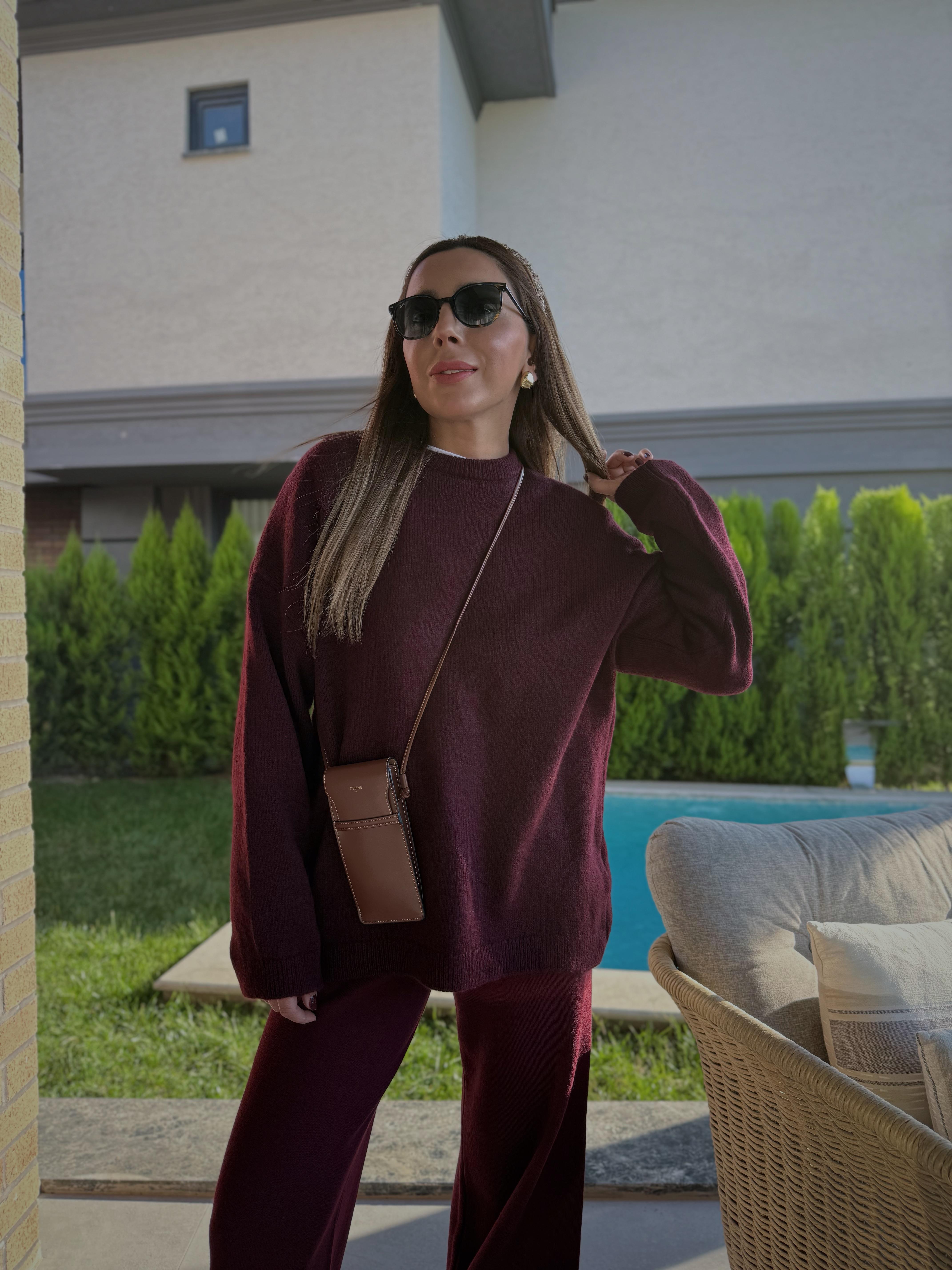 Bisiklet Yaka Düz Bordo Kazak