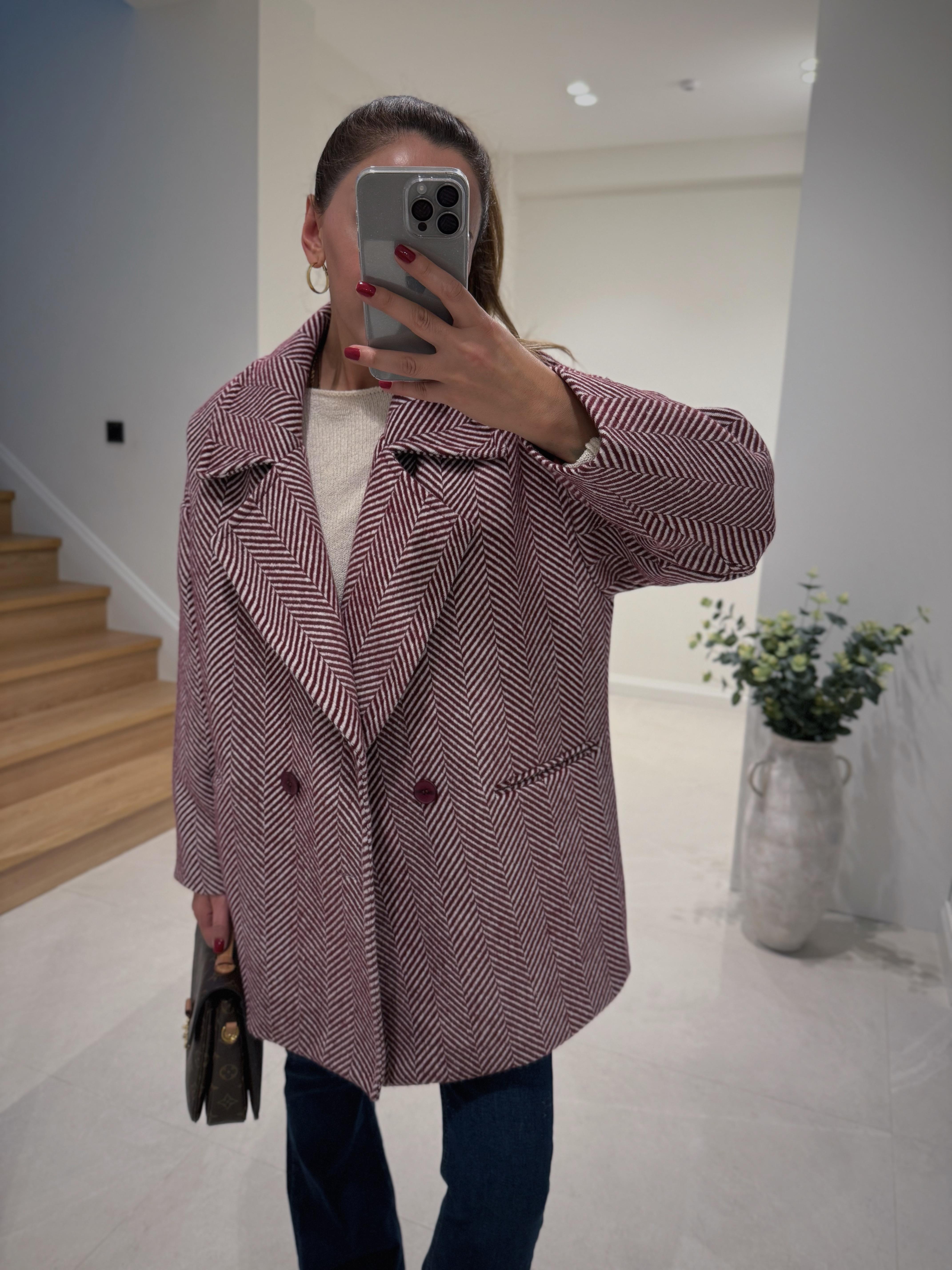 Bloom Balıksırtı Bordo Oversize Kaban