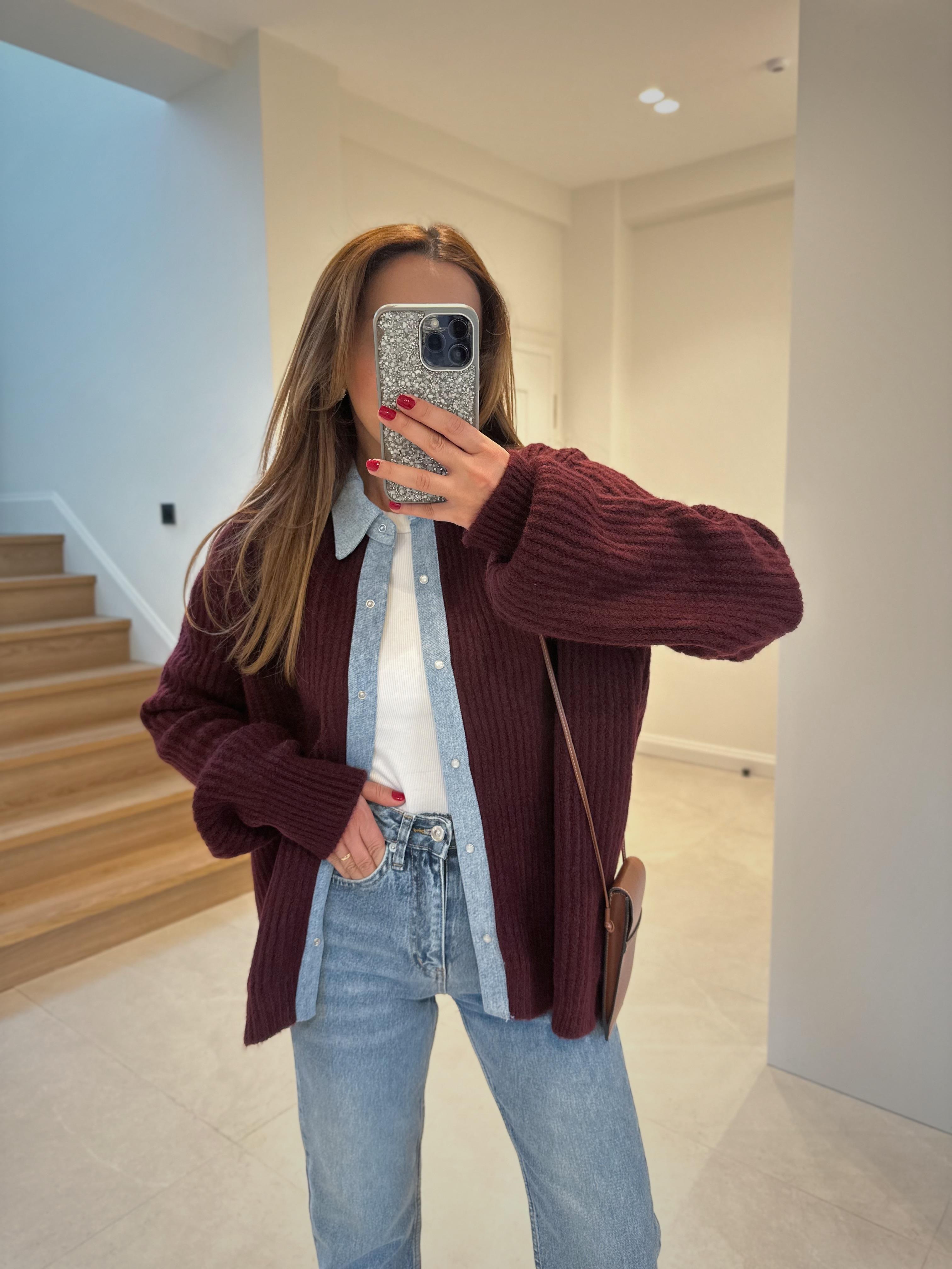 Bordo Jean Detaylı Kalın Hırka