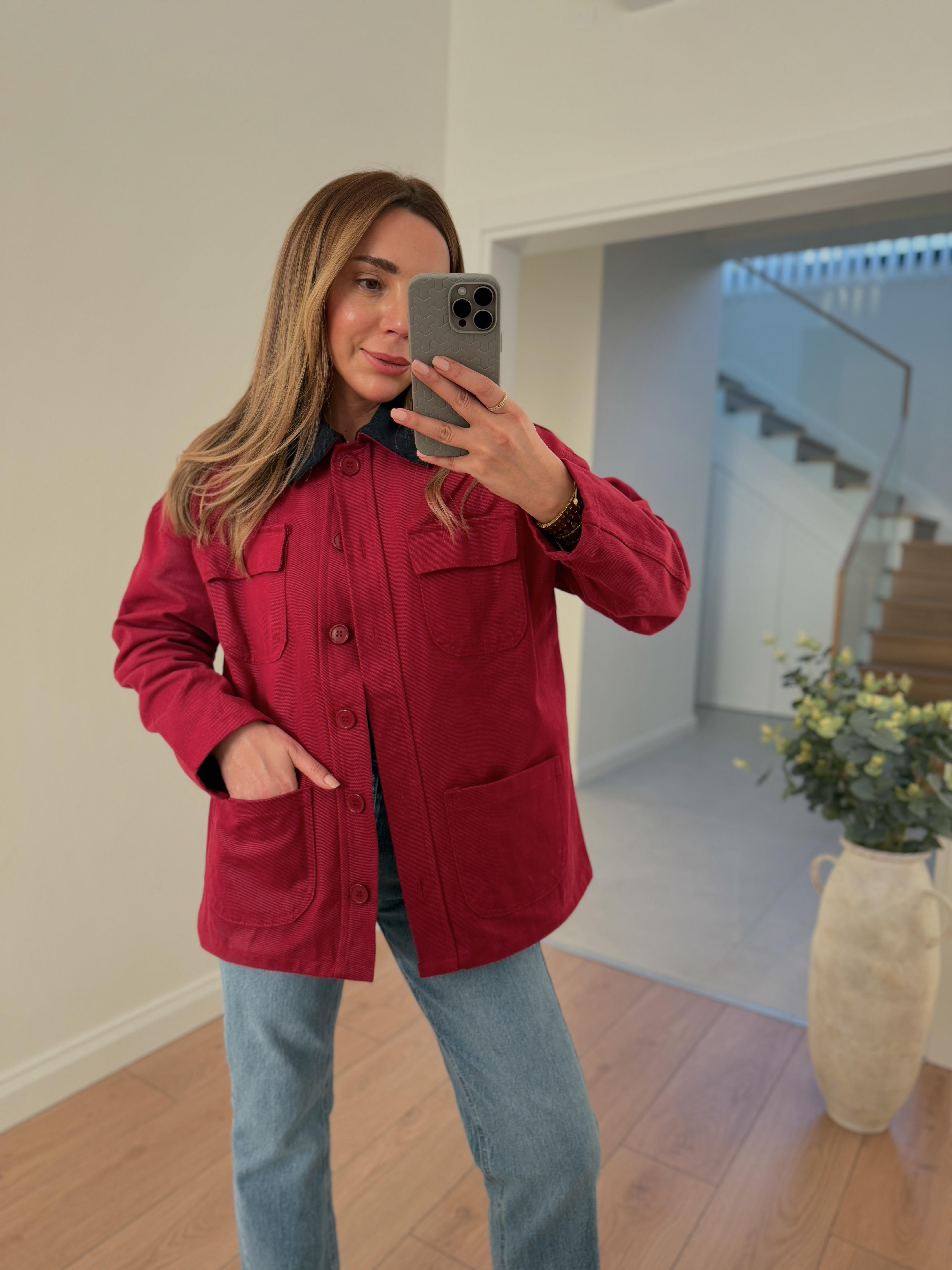 Bordo Kadife Yaka %100 Pamuk Gabardin Ceket