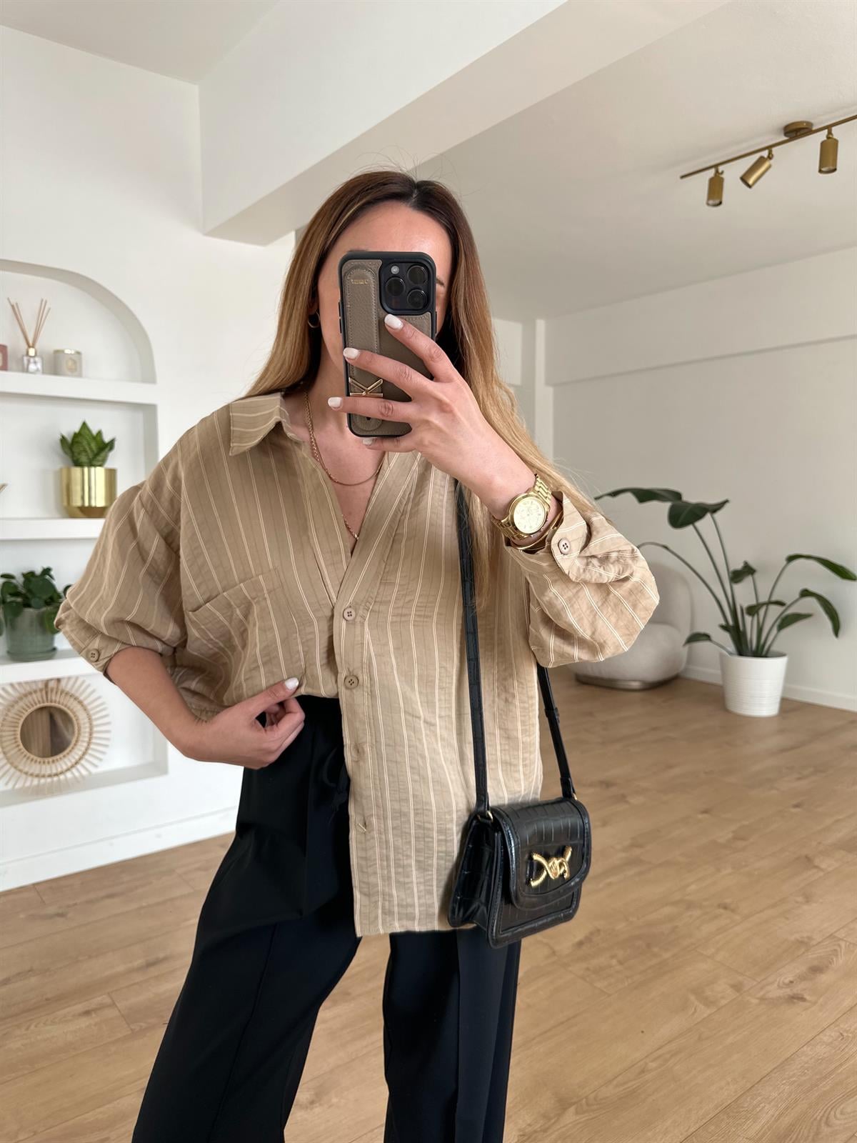 CAMEL ÇİZGİLİ TENSEL OVERSIZE GÖMLEK