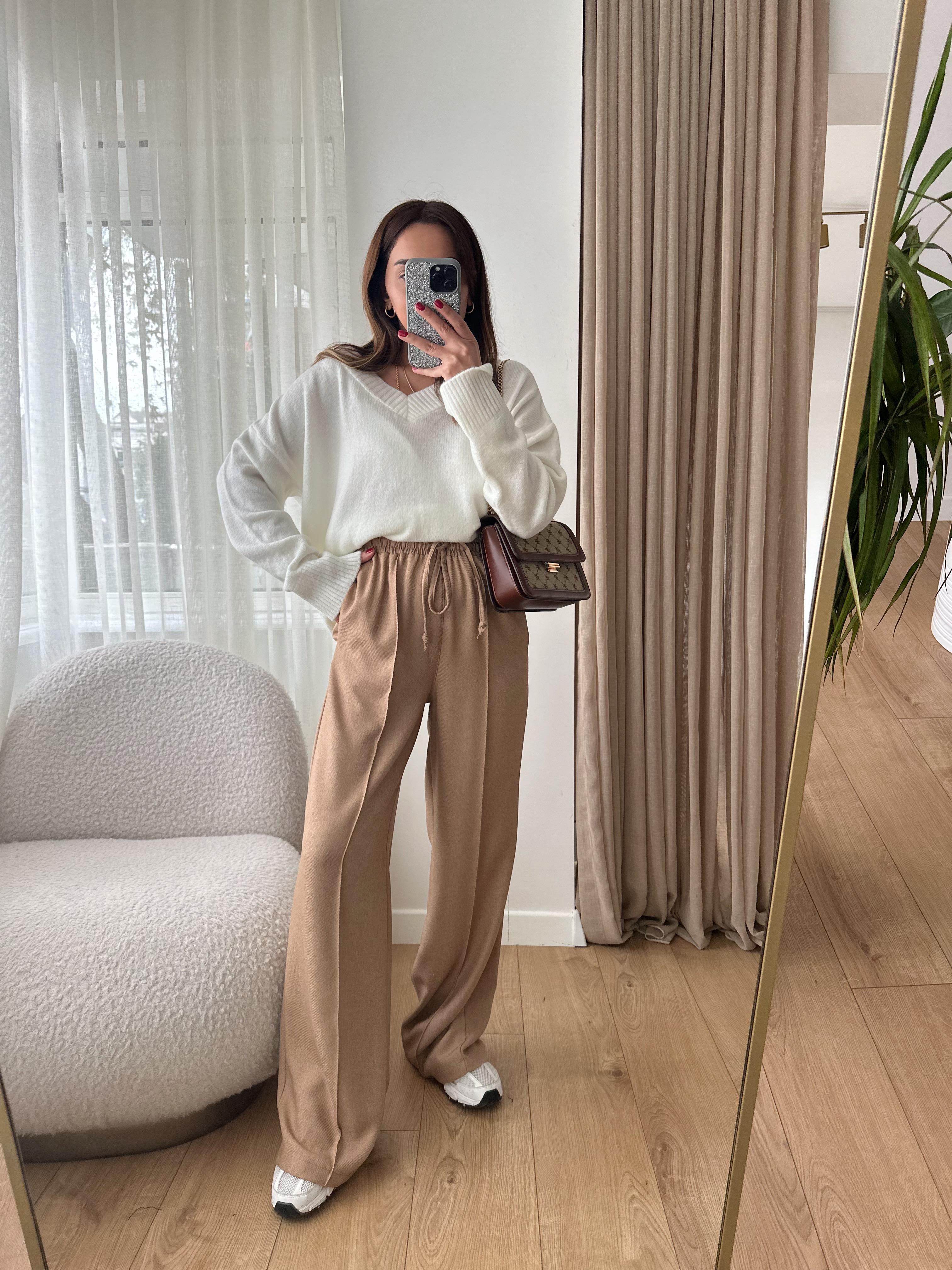 CAMEL ÖNÜ ŞERİTLİ KAŞE BOL PANTOLON