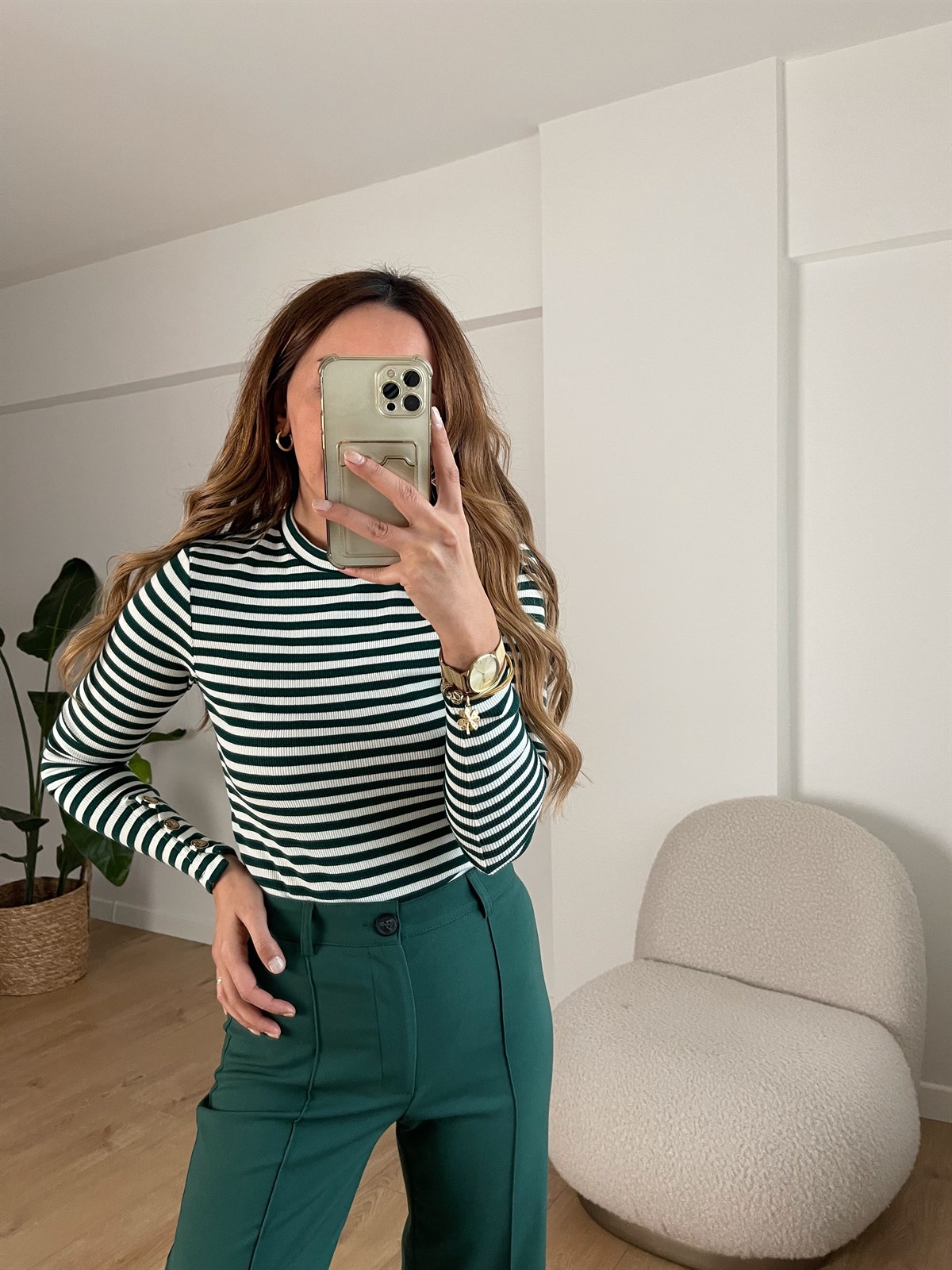 Çizgili Düğme Detaylı Bluz · 2