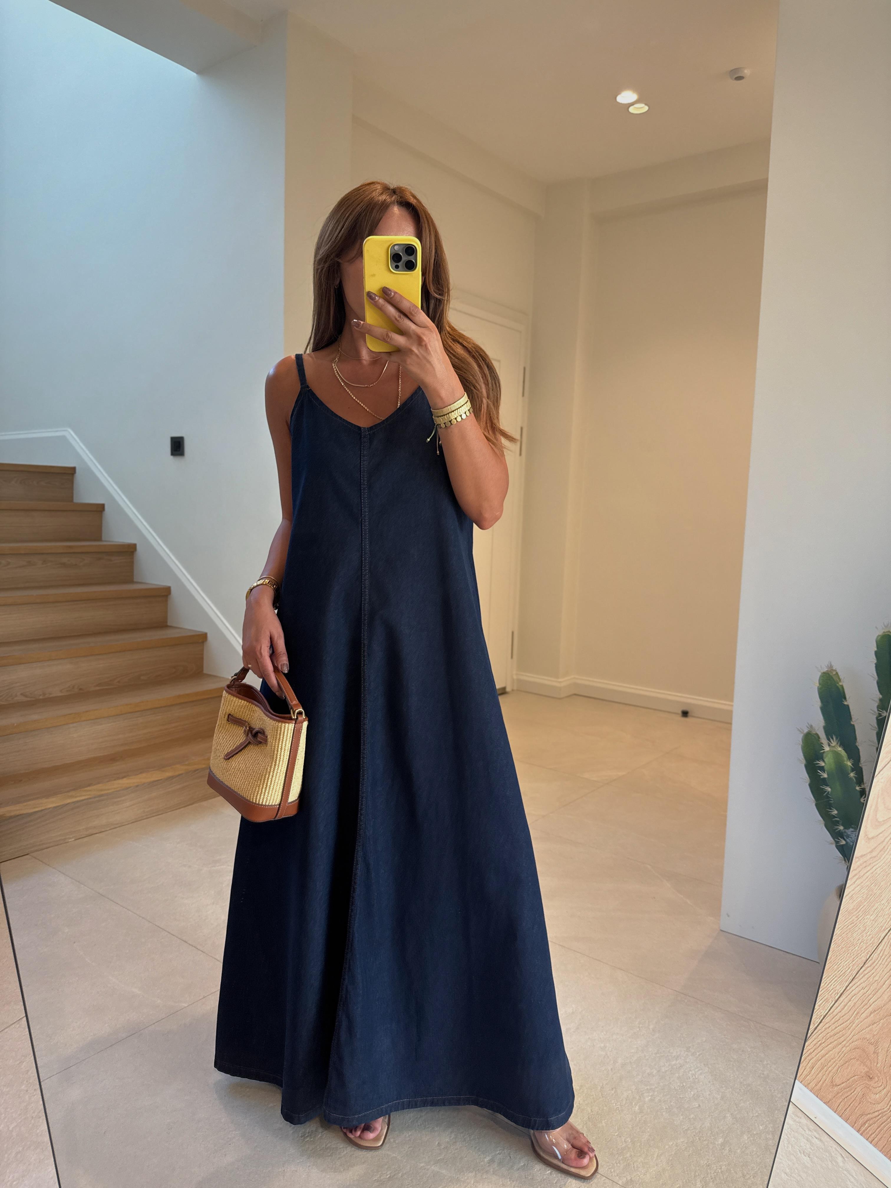 Denim Koyu Lacivert  Askılı Uzun Elbise