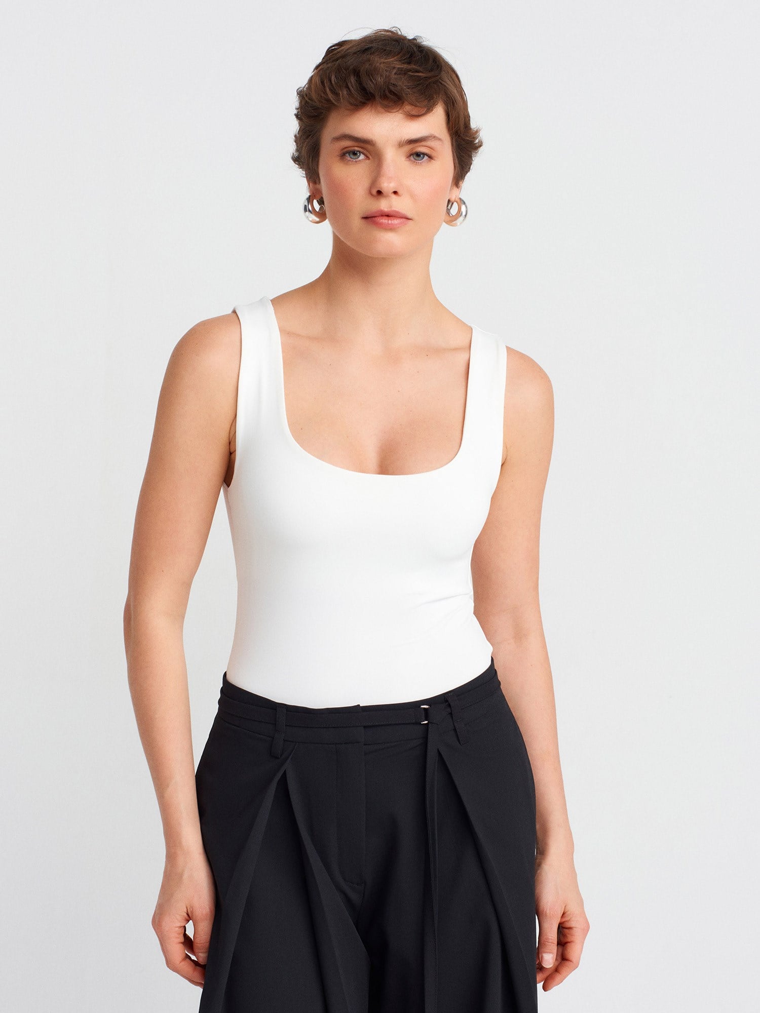 Dilvin 20977 Kalın Askılı Basic Top-Ekru