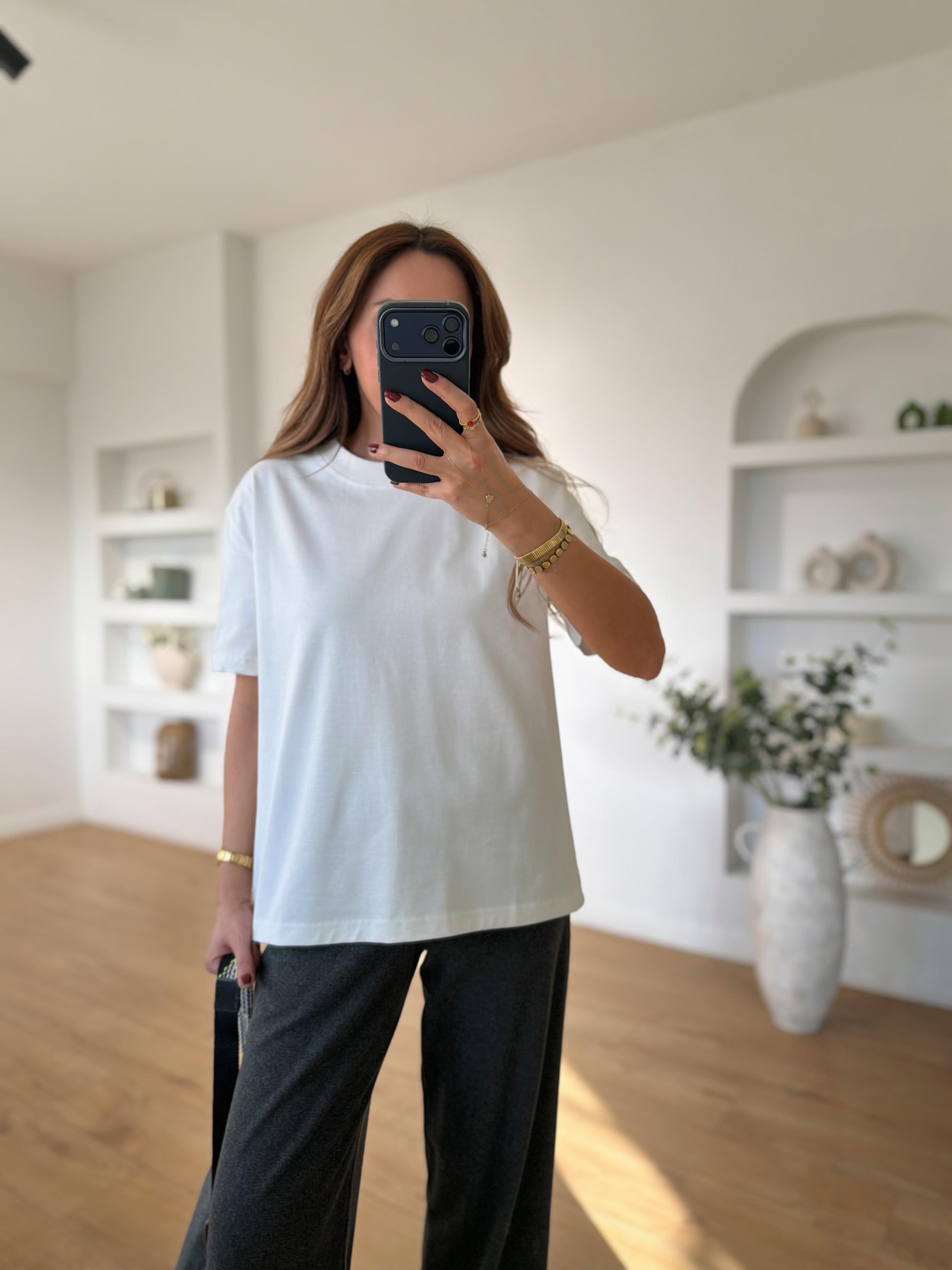 Dilvin 30312 Dekoratif Dikişli Bisiklet Yaka Ekru Tişört