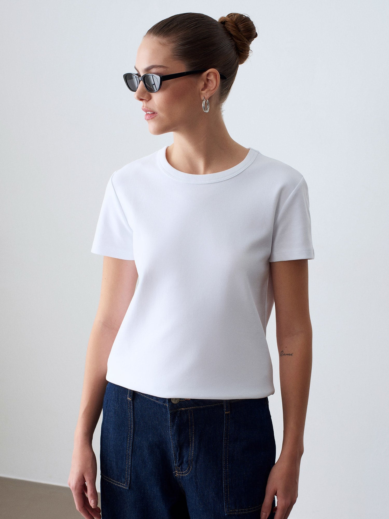 Dilvin 32779 Bisiklet Yaka T-shirt-Beyaz