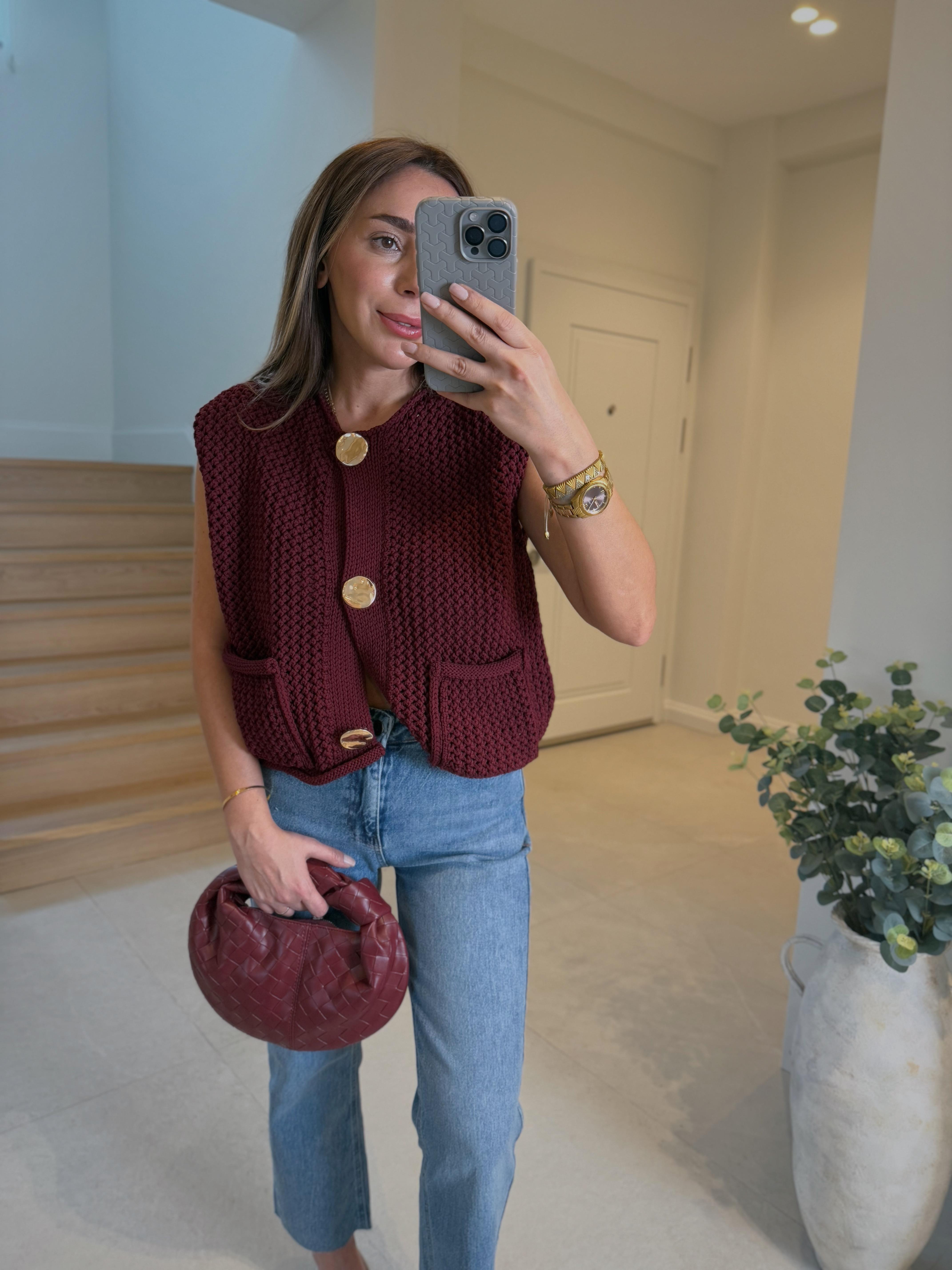 Dilvin 60274 Bordo Triko Gold Düğmeli Yelek