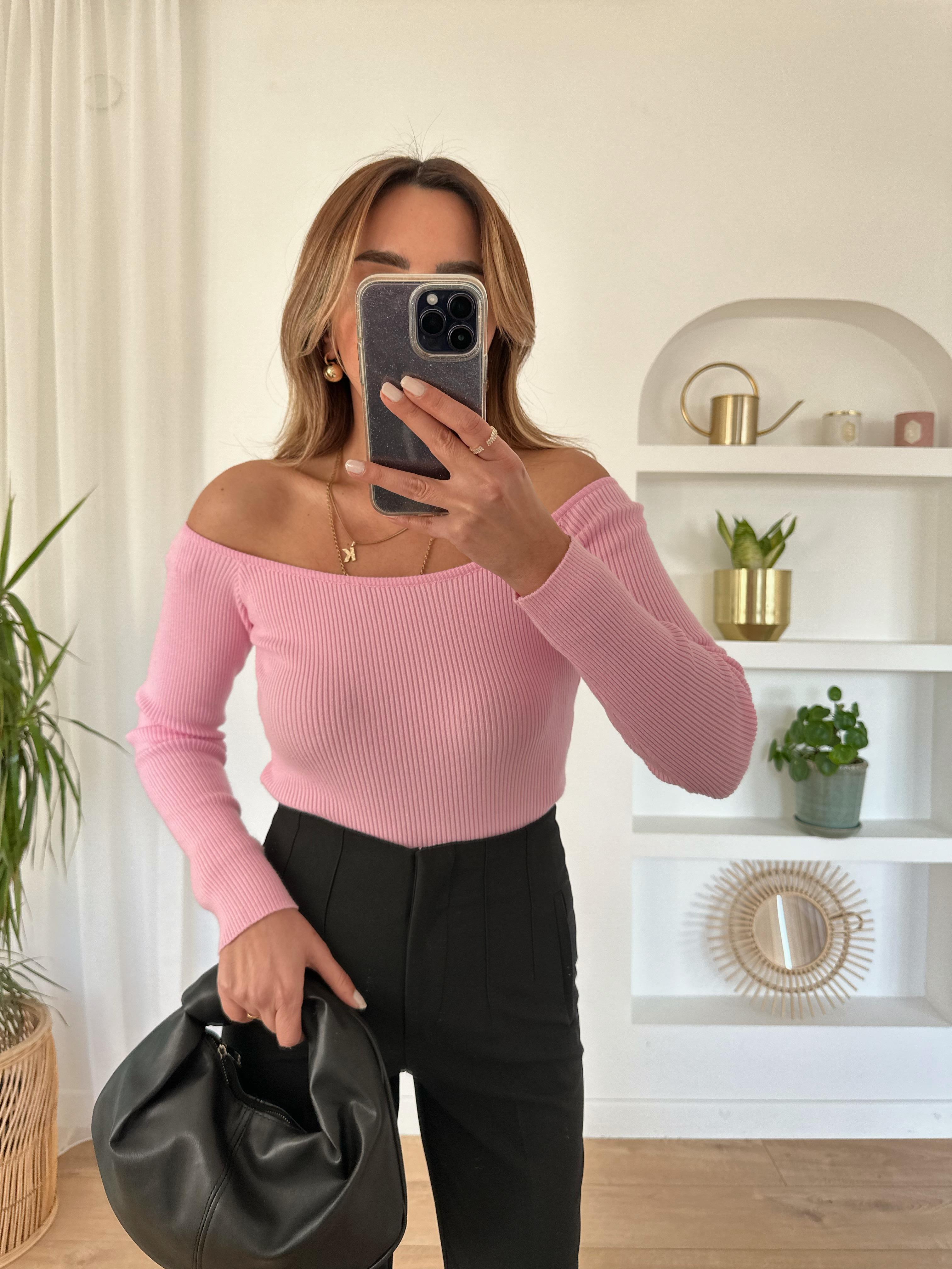 DİLVİN BARDOT YAKA FİTİLLİ PEMBE  KAZAK