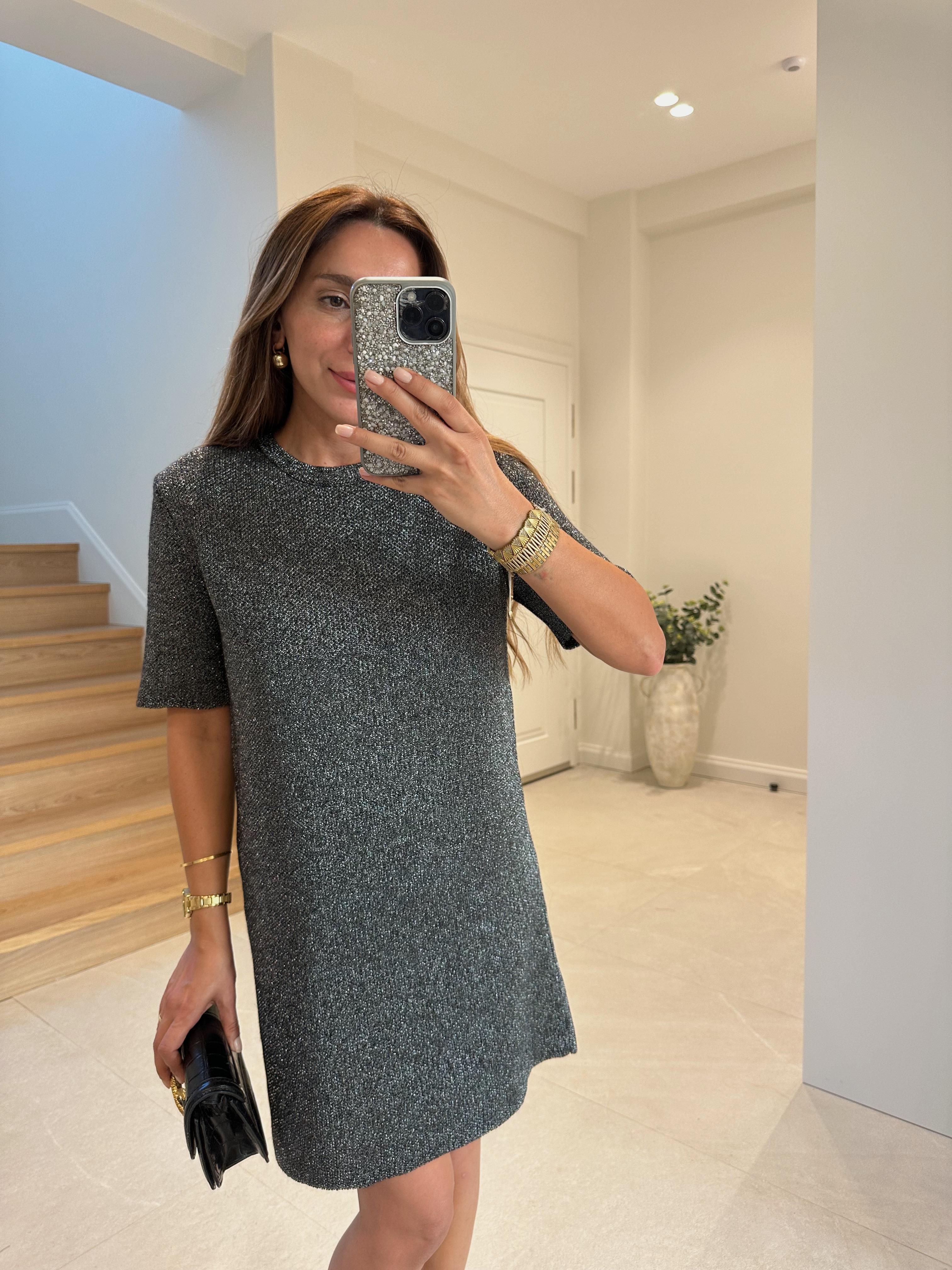 Dilvin Parlak Dokulu Triko Elbise Siyah-Gümüş