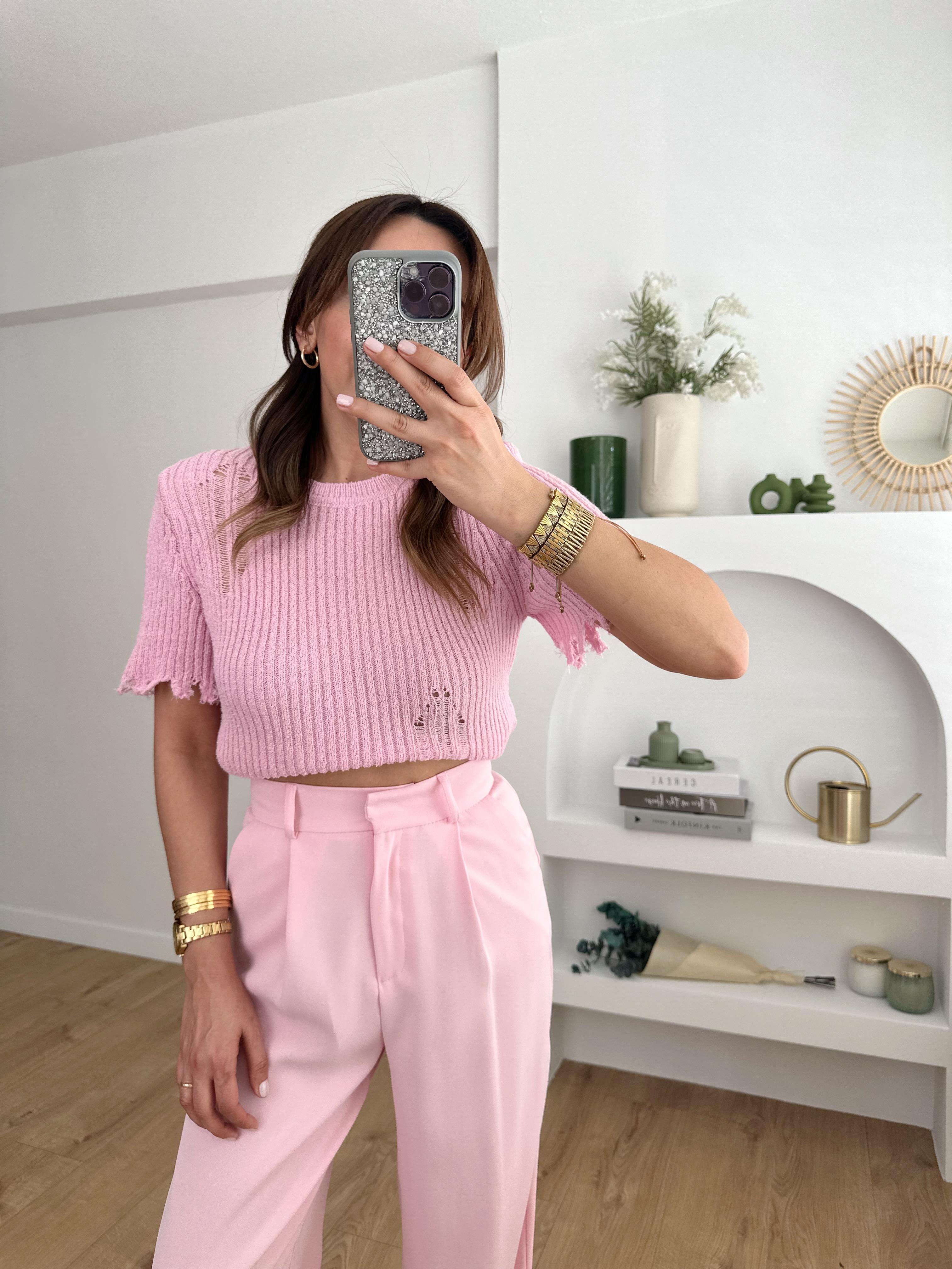 DİLVİN PEMBE YIRTIK DETAYLI TRİKO
