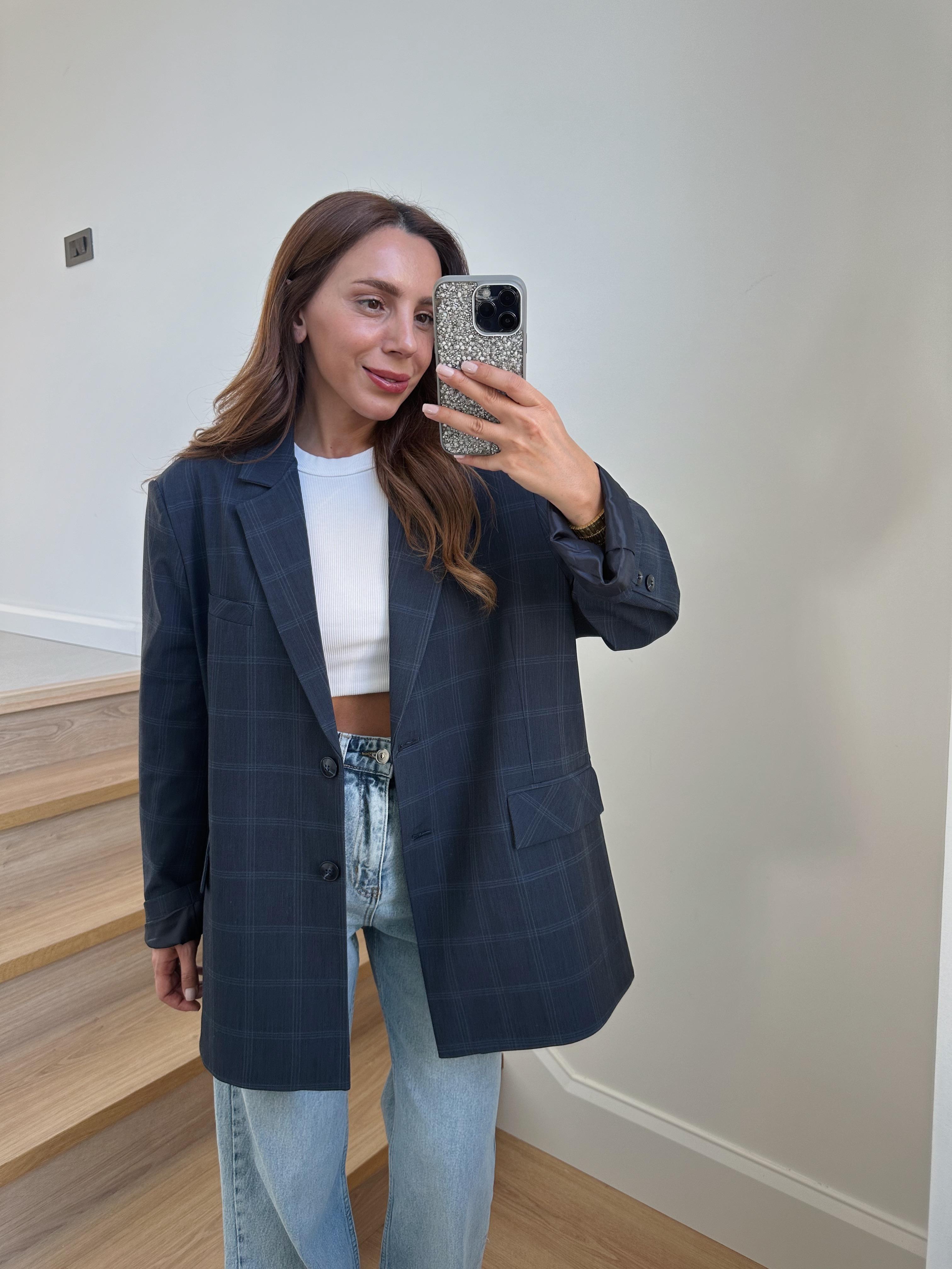 Ekose Lacivert Blazer Ceket