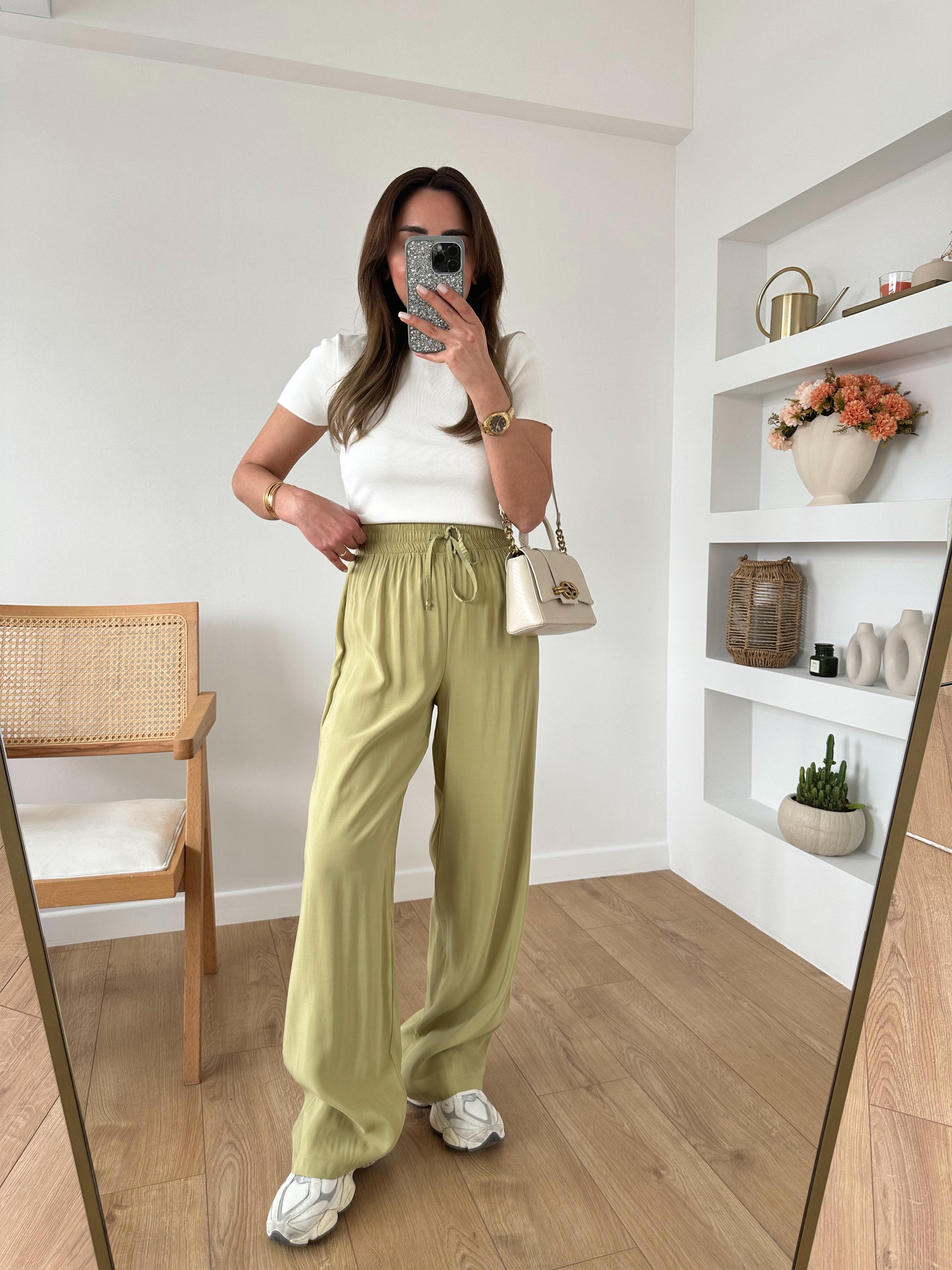 FISTIK YEŞİLİ BELİ LASTİKLİ TENSEL PANTOLON