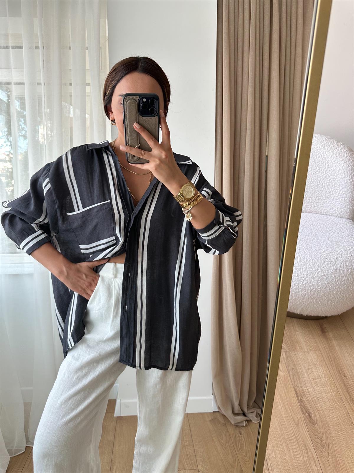 FÜME  ÇİZGİLİ TENSEL OVERSIZE GÖMLEK