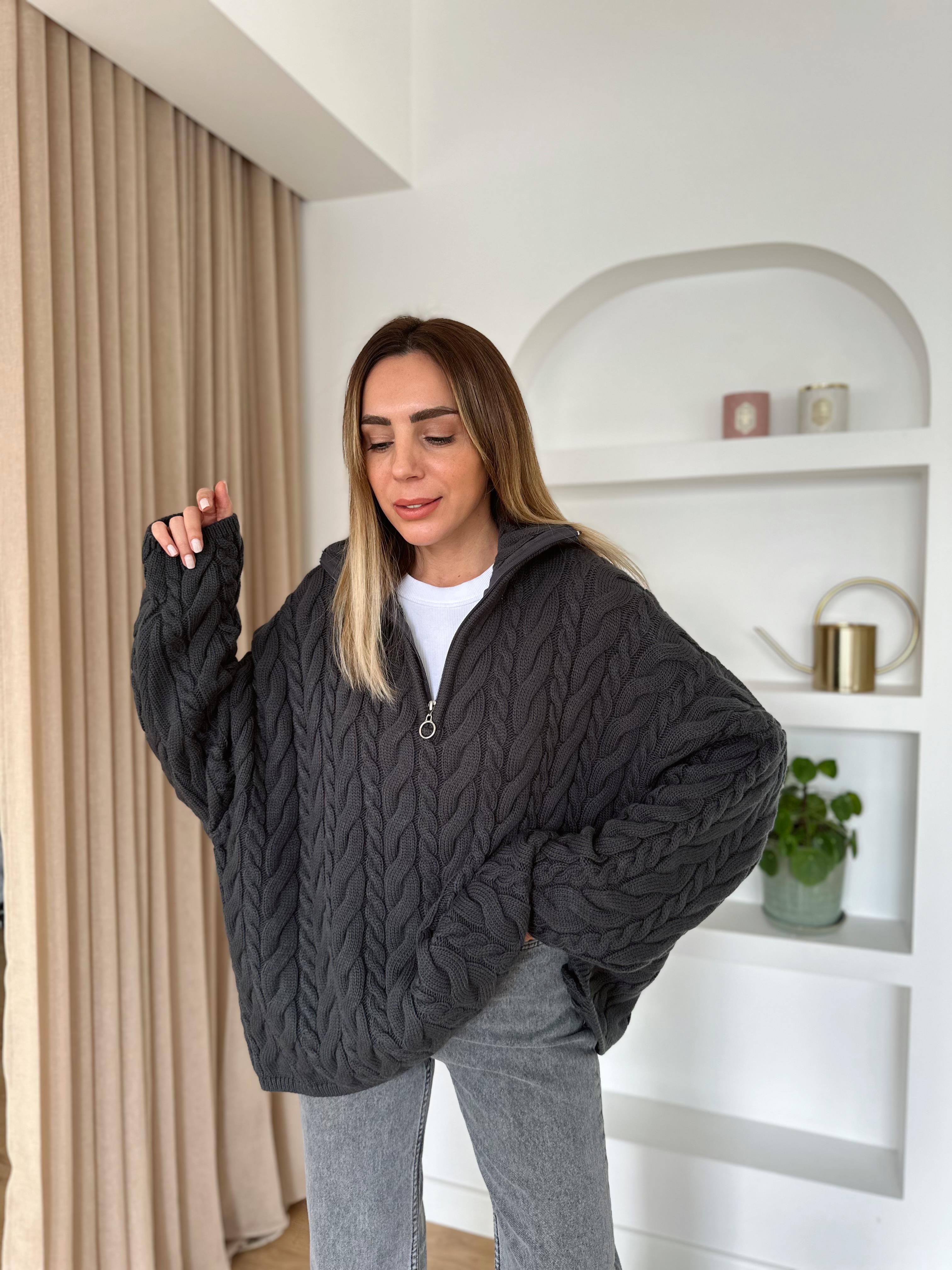 FÜME KALIN SAÇ ÖRGÜ PREMIUM FERMUARLI  HIRKA