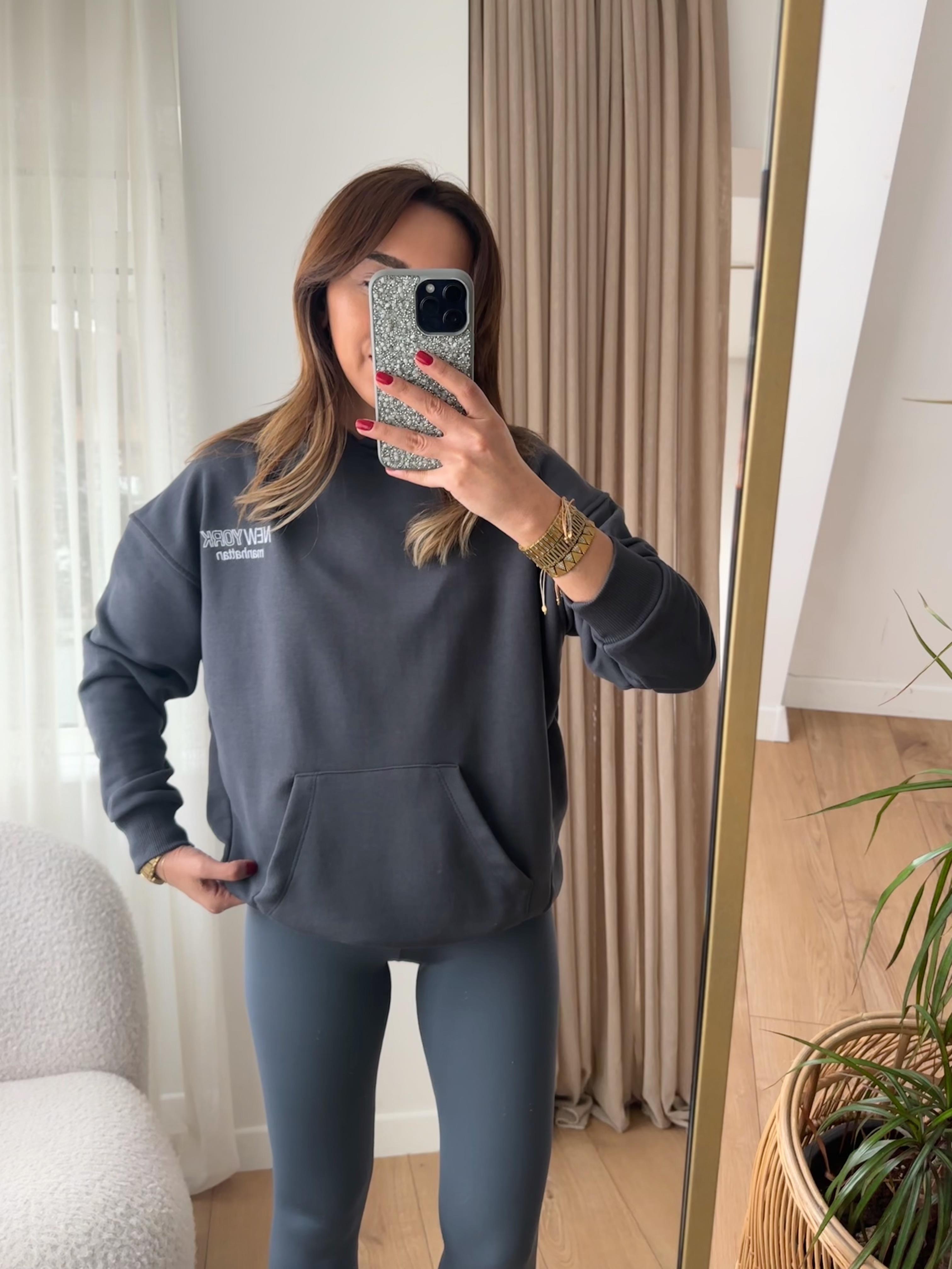 FÜME ÖNÜ VE ARKASI YAZILI KAPÜŞONLU SWEAT