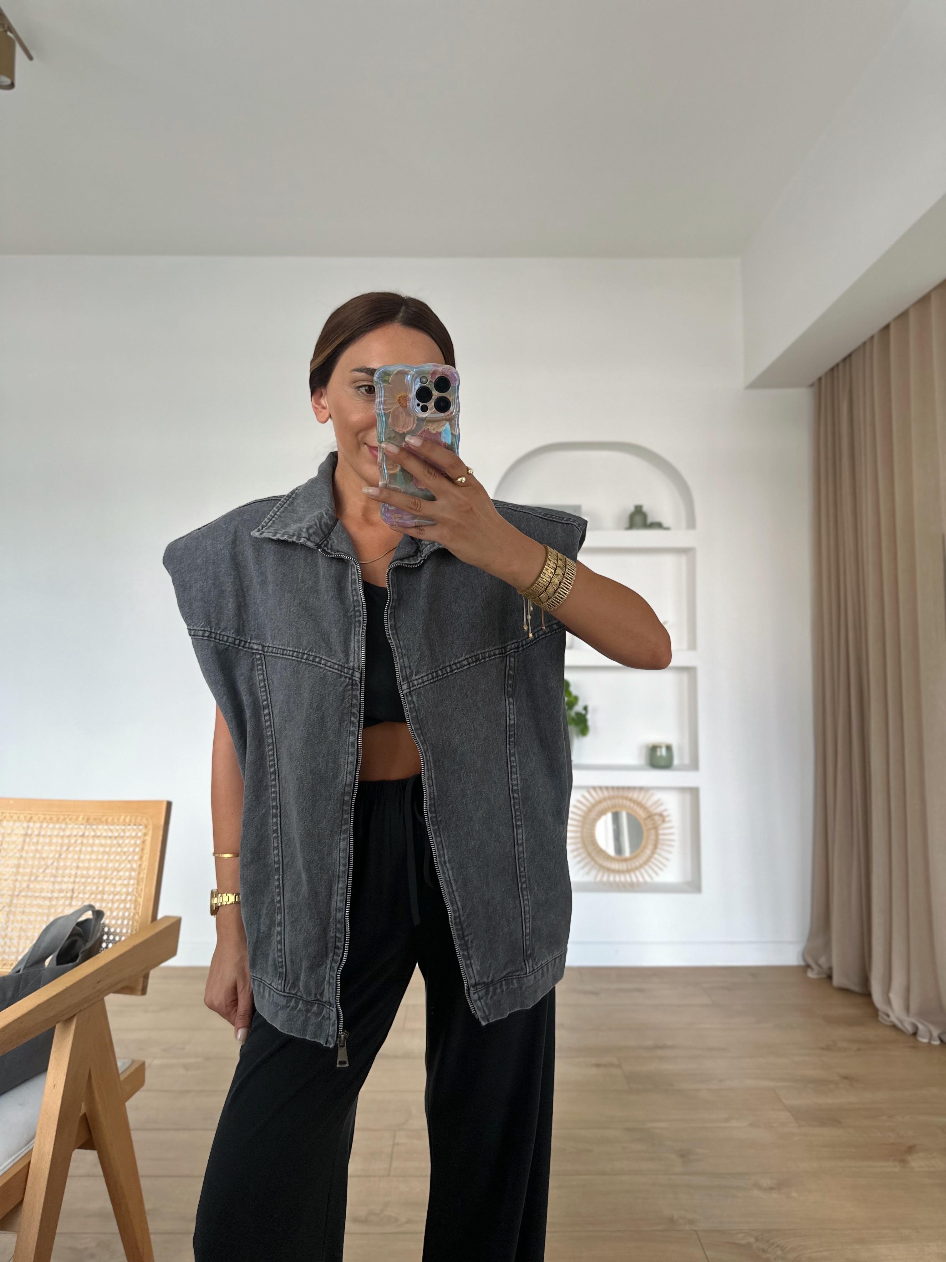Füme Oversize Vatkalı Jean Yelek