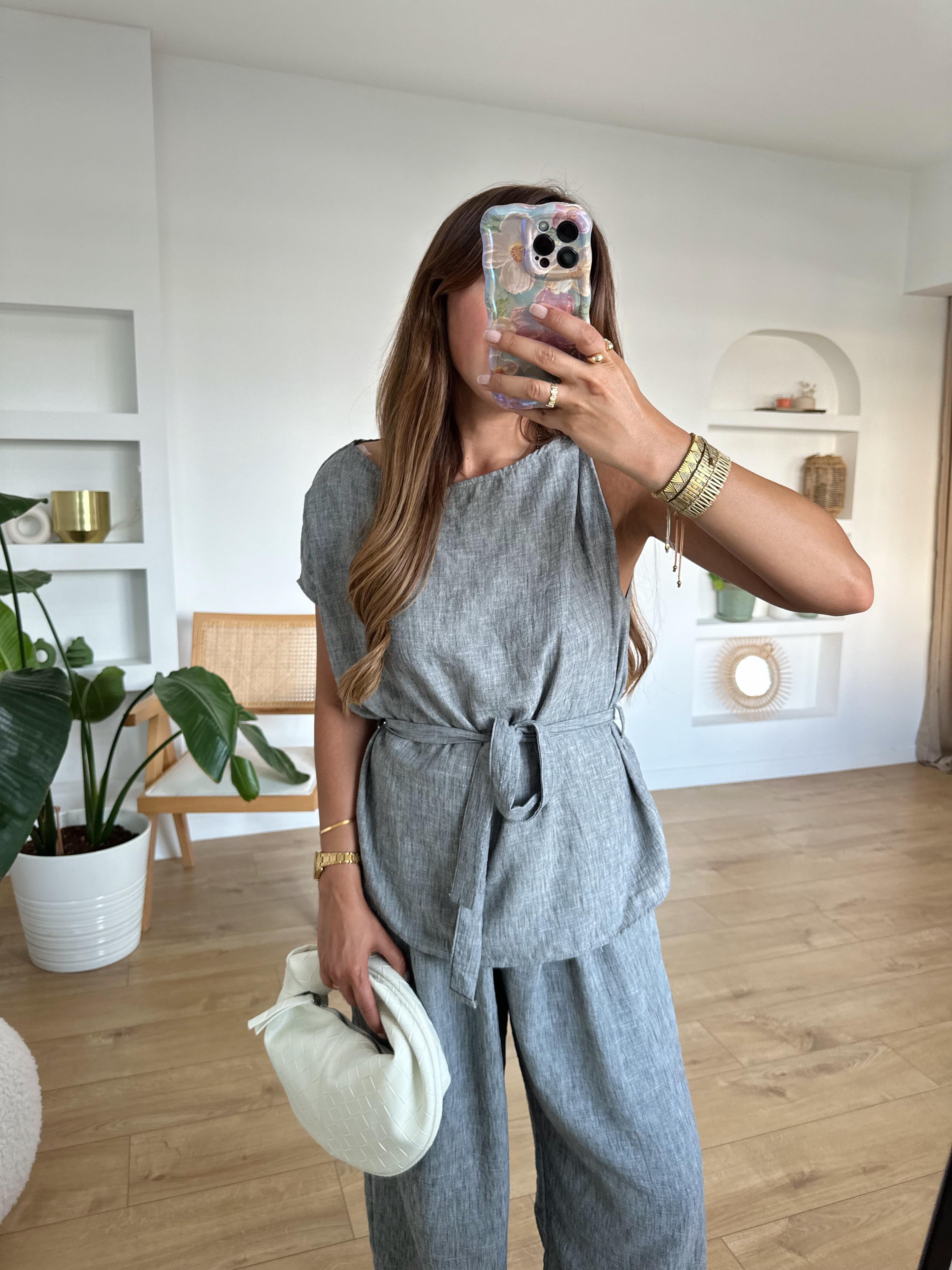 GRİ BELİ KUŞAKLI KETEN TAKIM