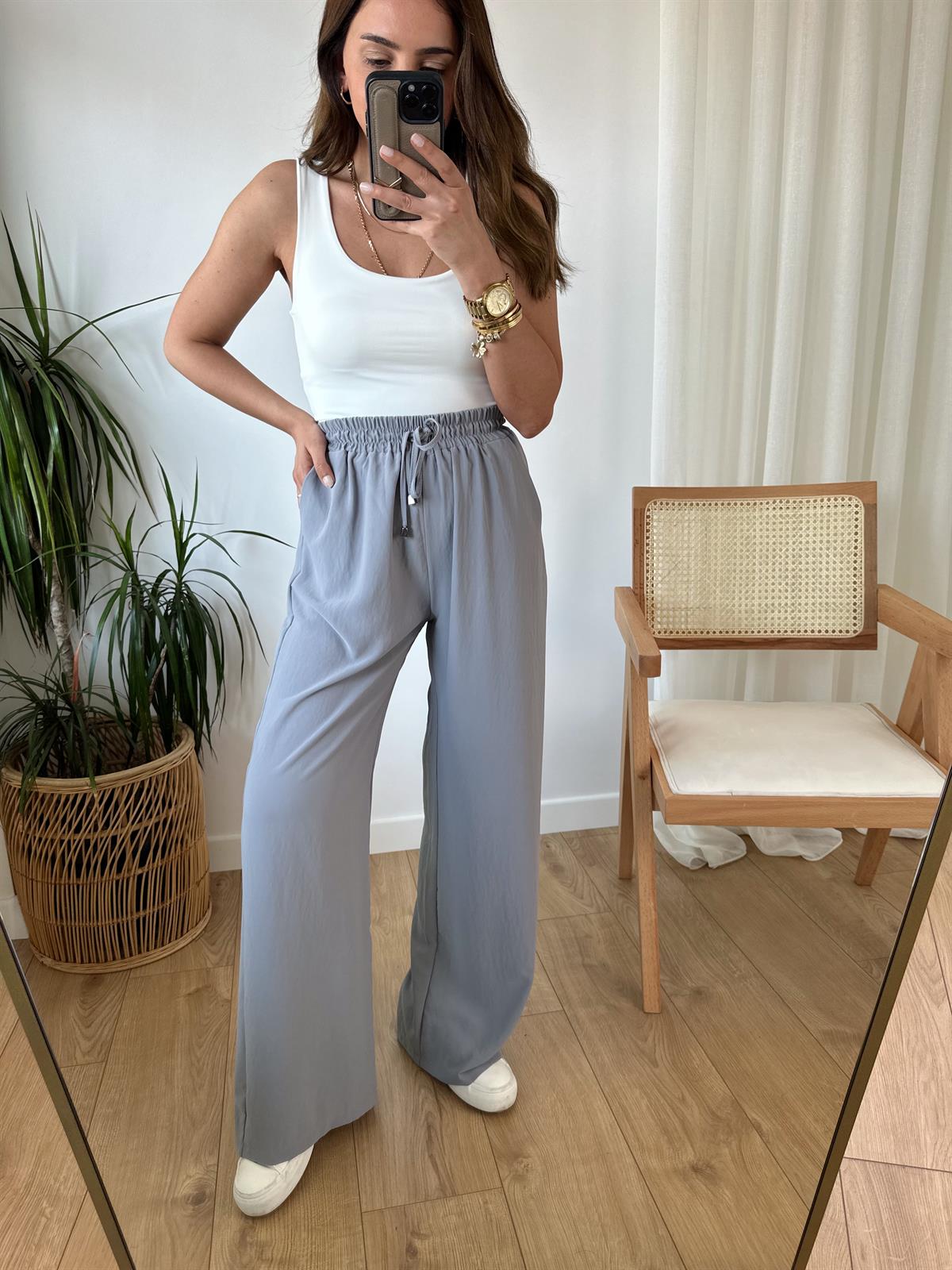 GRİ BELİ LASTİKLİ TENSEL PANTOLON