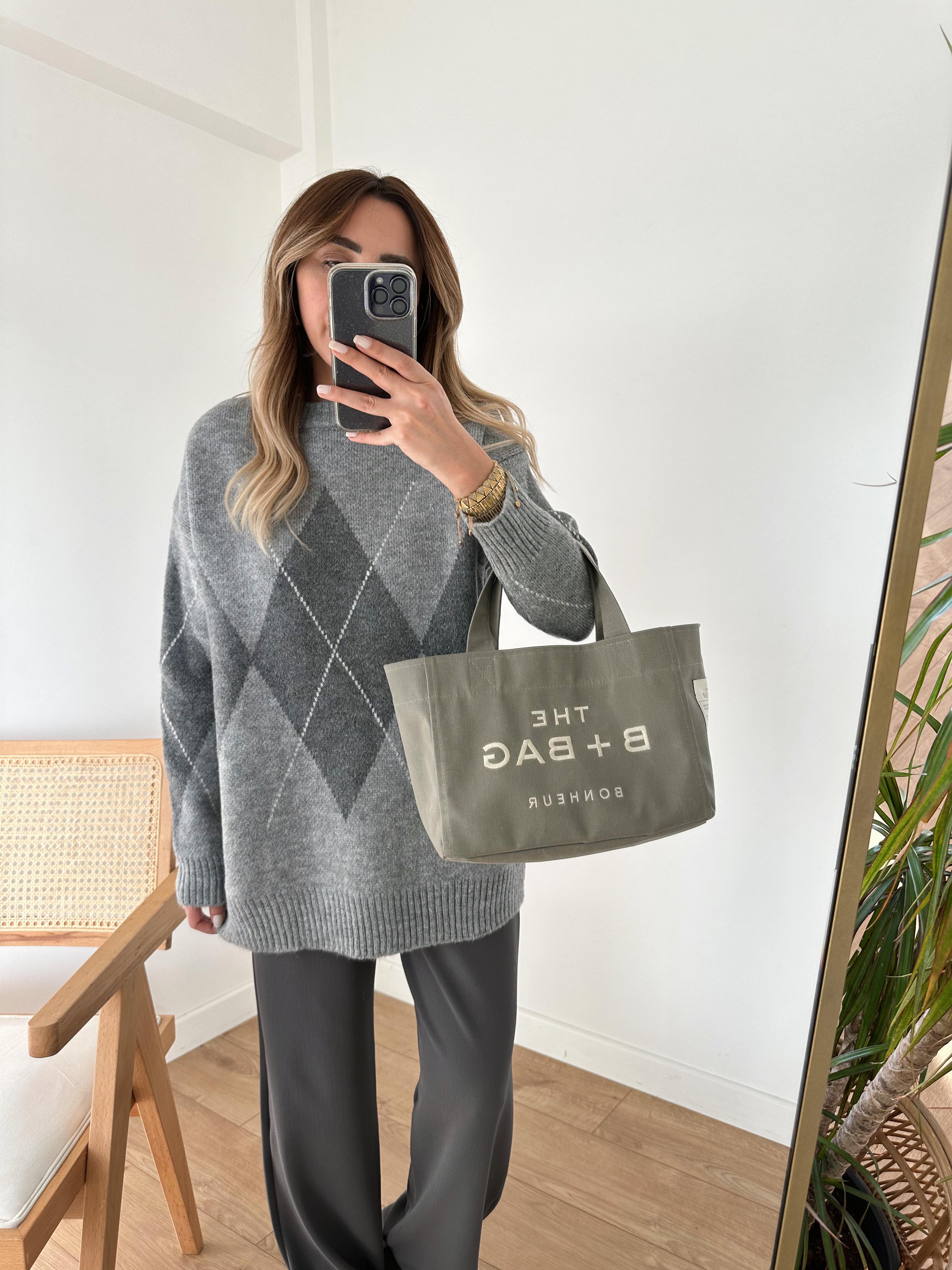 GRİ FÜME BAKLAVA DESENLİ  OVERSIZE KALIN  KAZAK