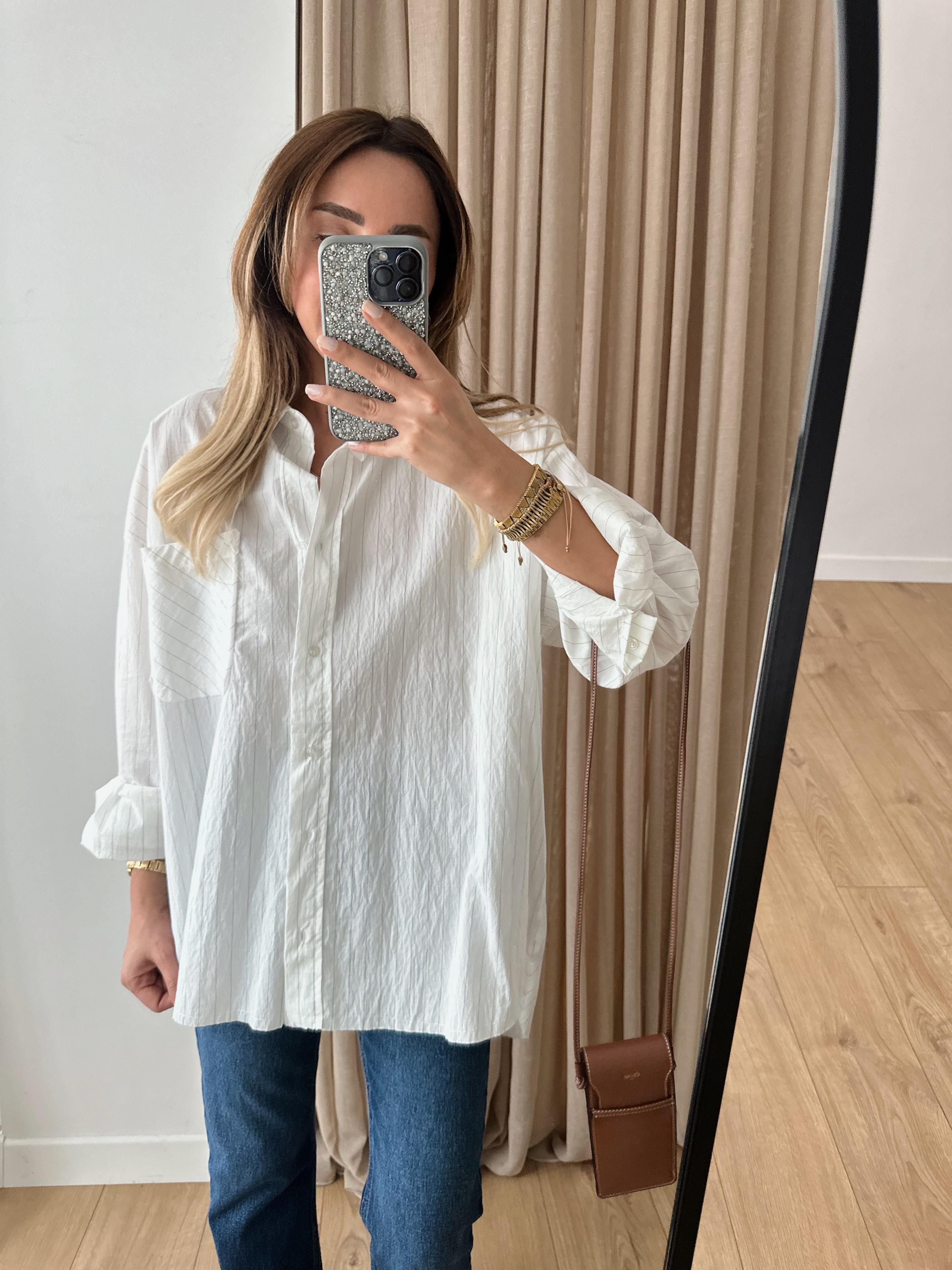 GRİ İNCE ÇİZGİLİ OVERSIZE POPLİN GÖMLEK 