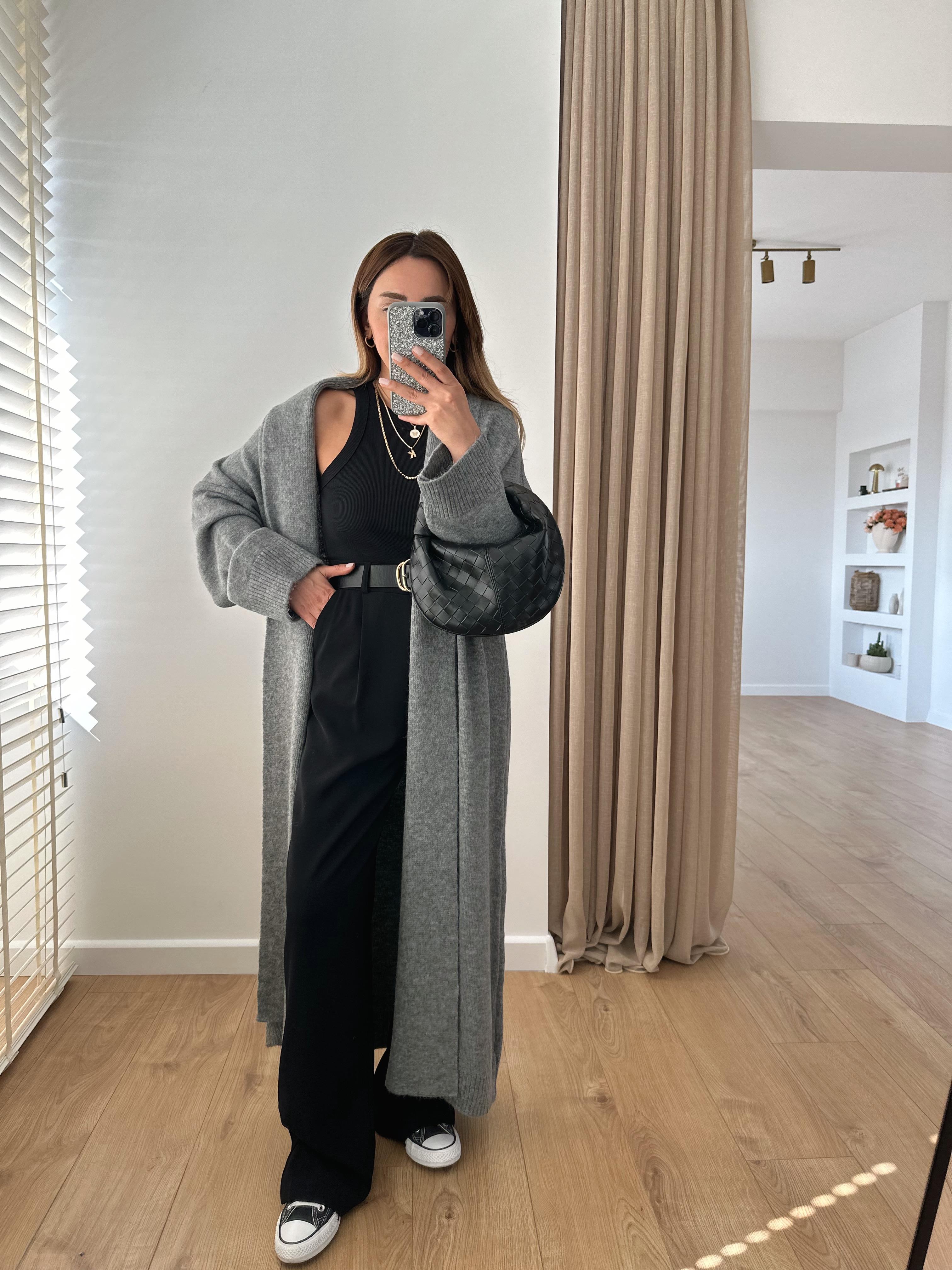 GRİ  ŞAL YAKA OVERSIZE UZUN HIRKA