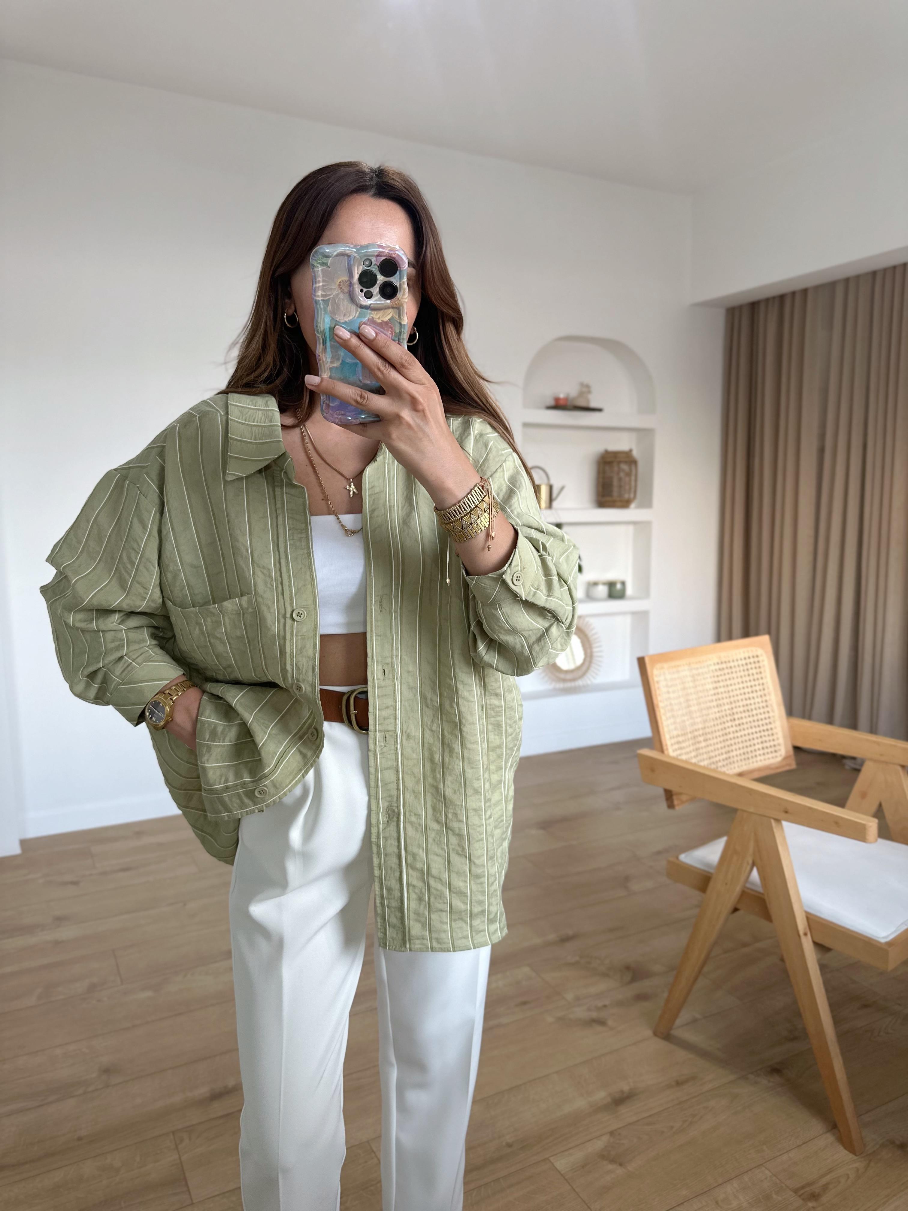 HAKİ ÇİZGİLİ MODAL KARIŞIMLI OVERSIZE GÖMLEK
