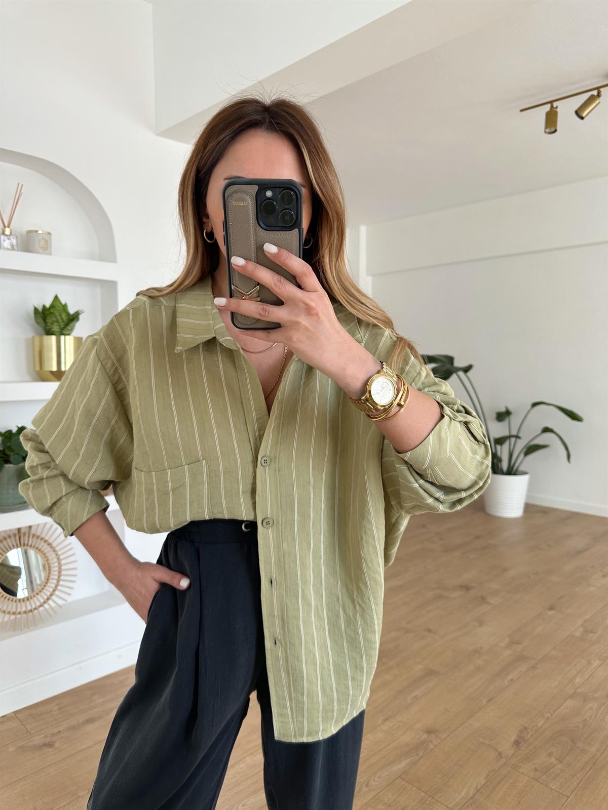 HAKİ ÇİZGİLİ TENSEL OVERSIZE GÖMLEK