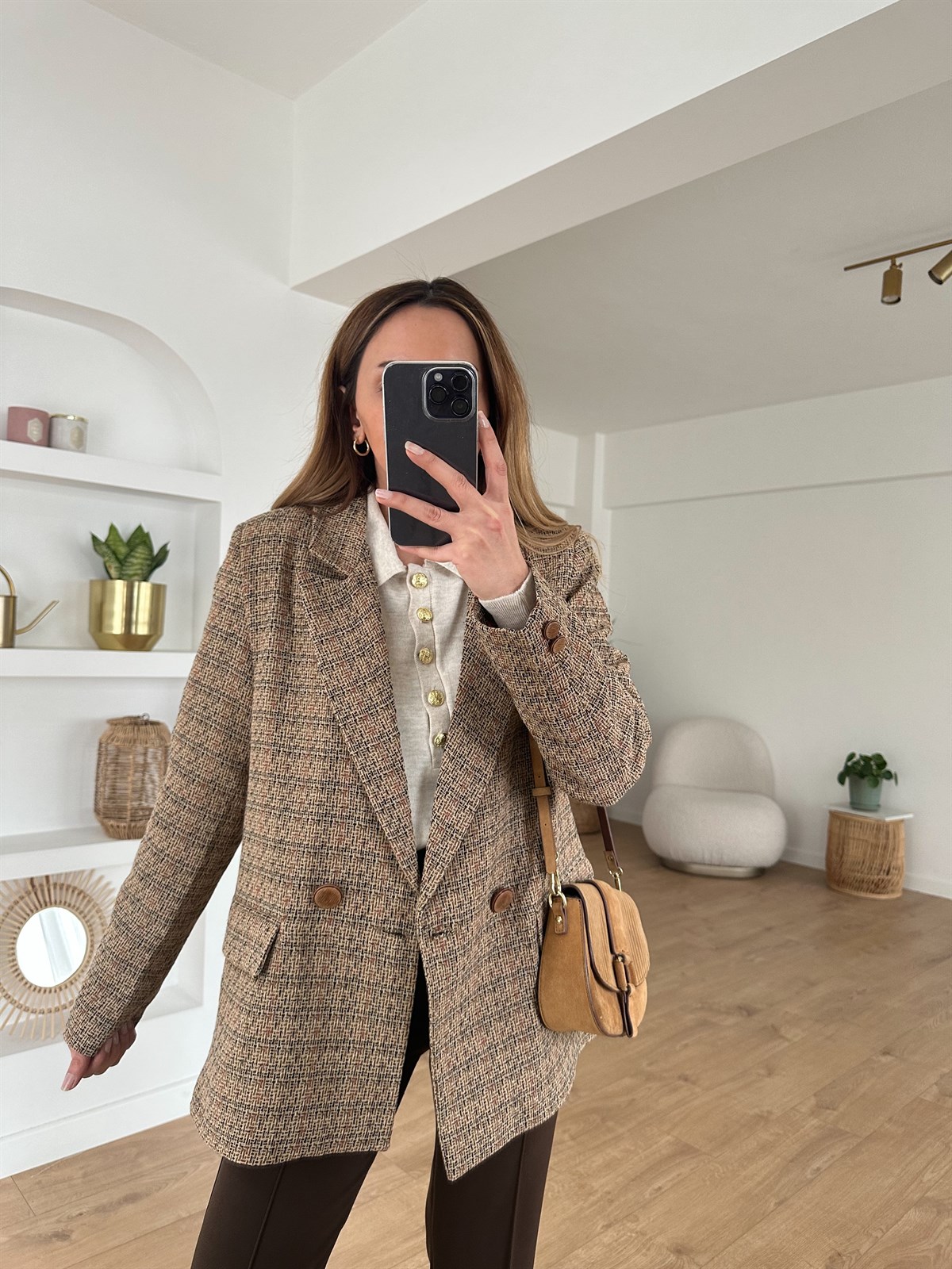 KAHVE AHŞAP DÜĞMELİ BLAZER CEKET