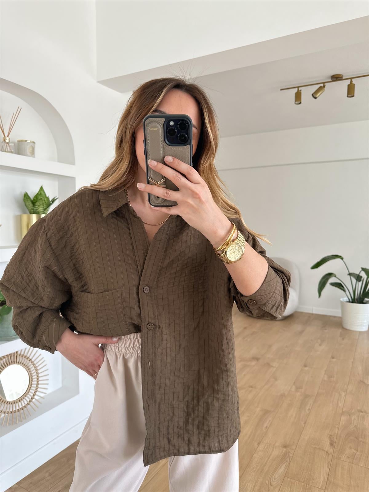 KAHVE ÇİZGİLİ TENSEL OVERSIZE GÖMLEK