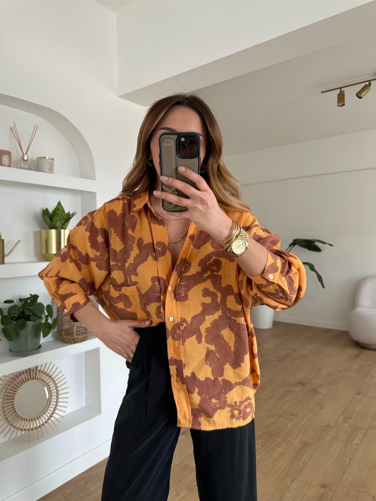 KAHVE DESENLİ TENSEL OVERSIZE GÖMLEK