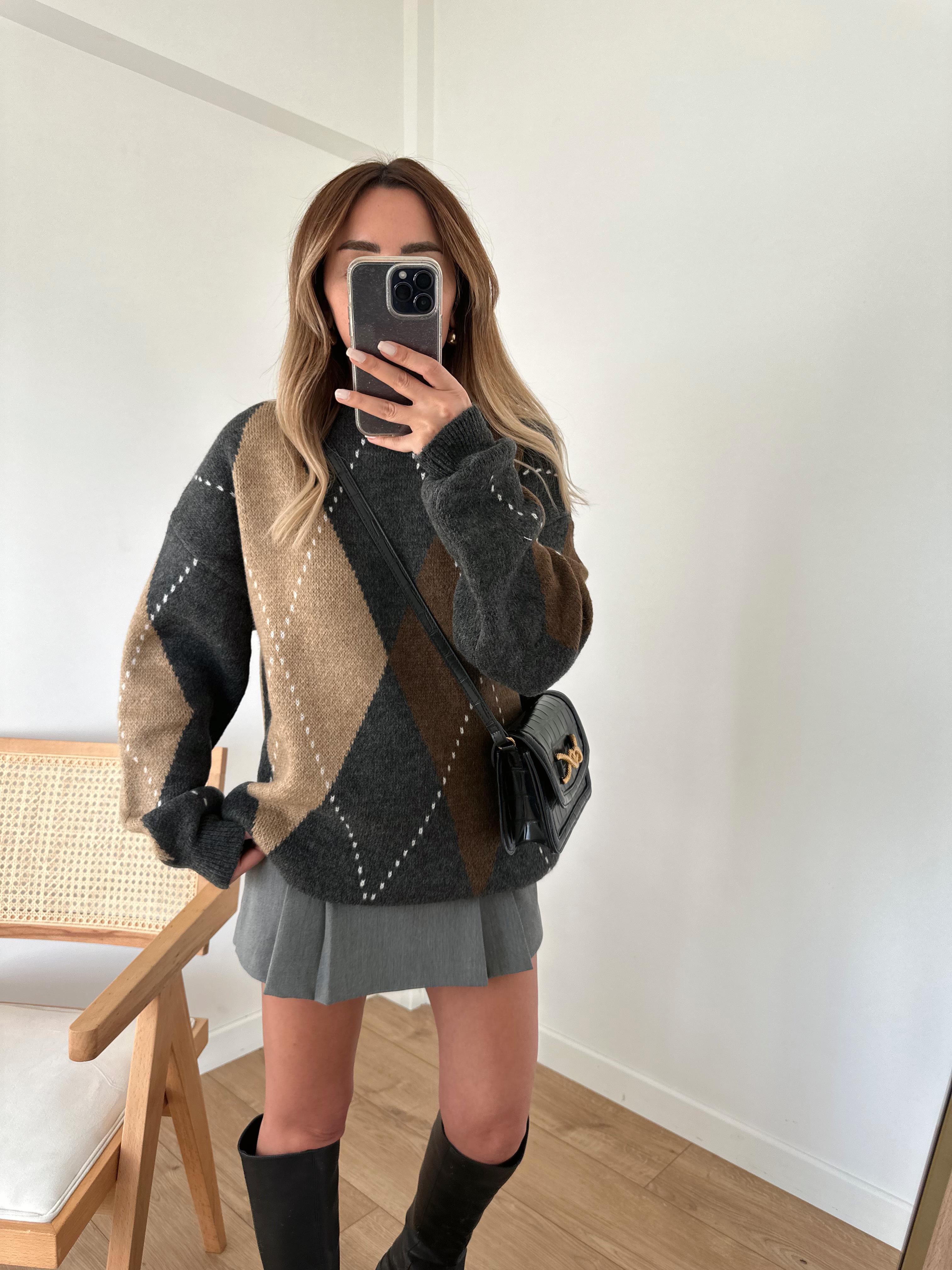 KAHVE FÜME VİZON BAKLAVA DESENLİ  OVERSIZE KALIN  KAZAK