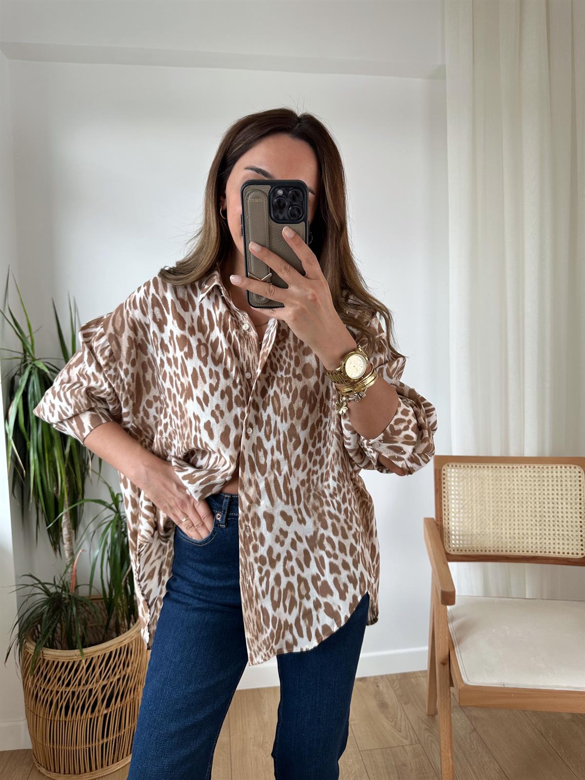 KAHVE LEOPAR TENSEL OVERSIZE GÖMLEK
