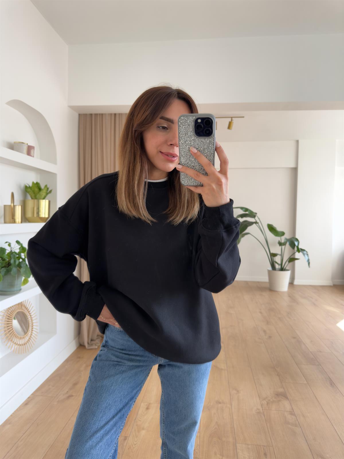 KAREN SİYAH ŞARDONLU OVERSIZE SWEAT