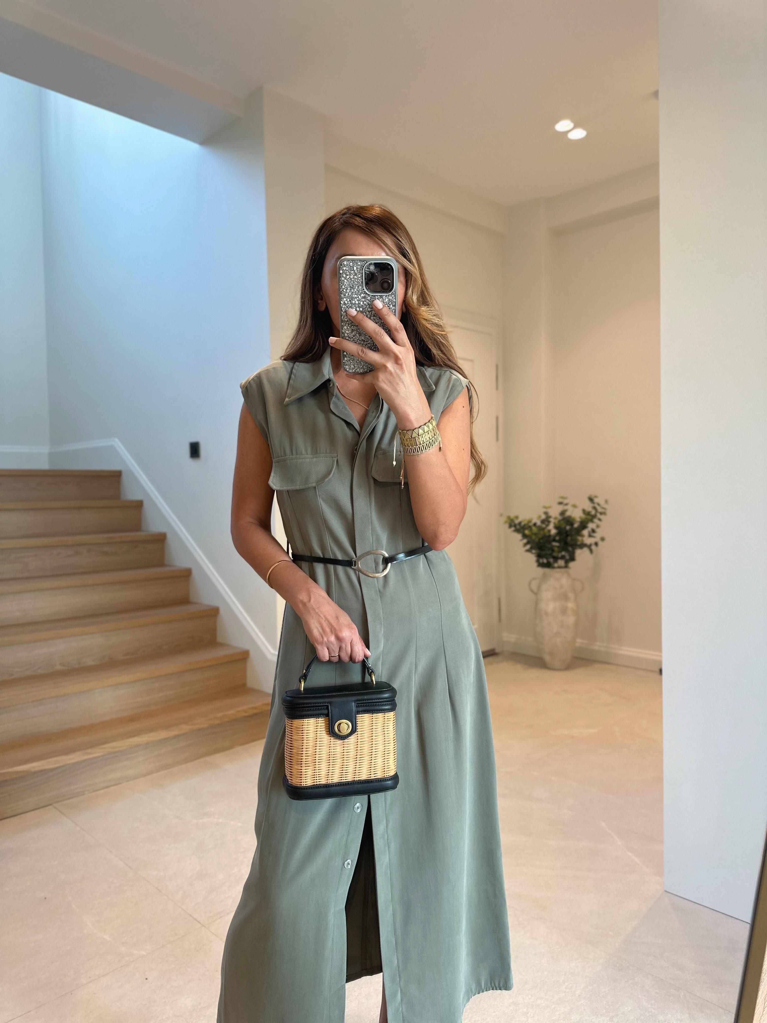Kate Premium Kemerli Haki Tensel Elbise 